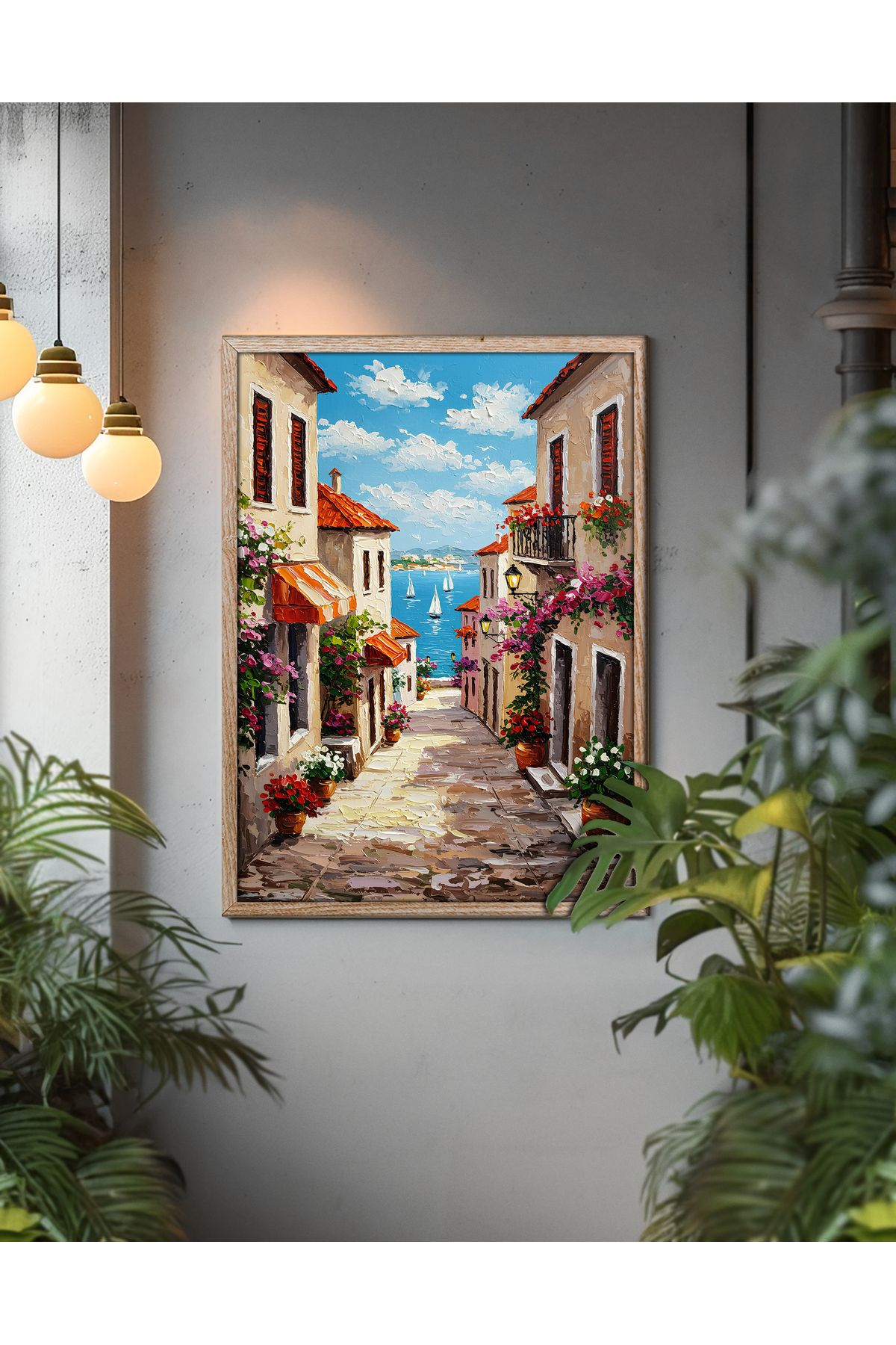 sames decoration Akdeniz kasabası - Yağlı boya görünümlü (yağlı boya değildir)- Tekli tablo