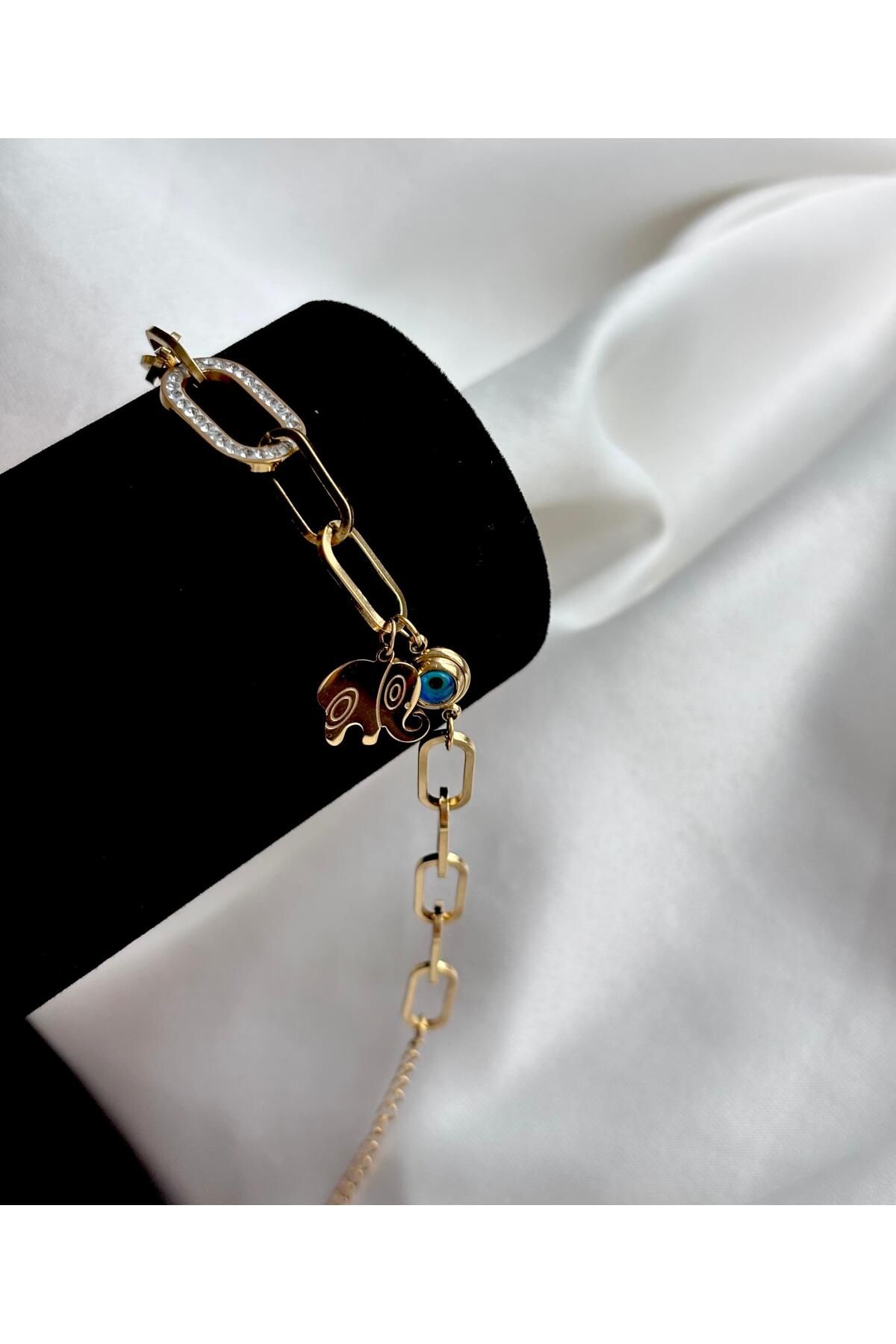 Bellamy Jewelry Fil Detaylı Taşlı Zincir Bileklik - Gold