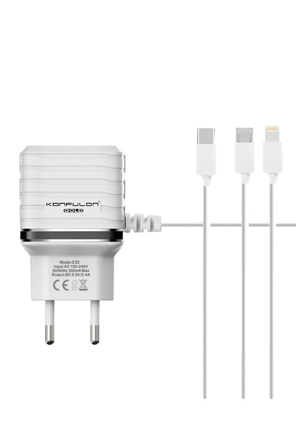 CepteToptan Konfulon C33 Hızlı Şarj Cihazı 3in1 (Dahili Micro USB Kablolu)
