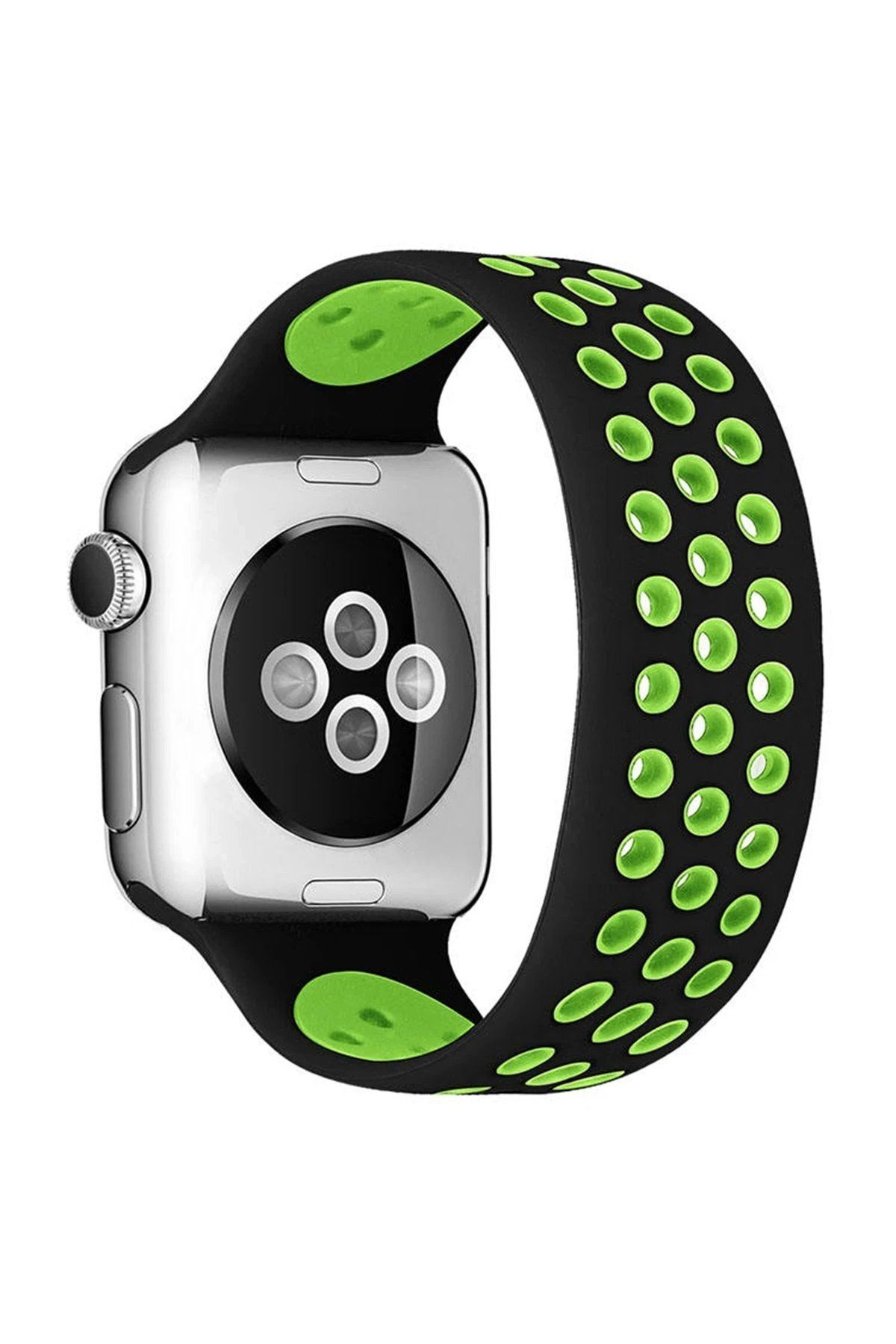 CepteToptan Newface Apple Watch 38mm Ayarlı Delikli Silikon Kordon - Siyah-Yeşil Uyumlu