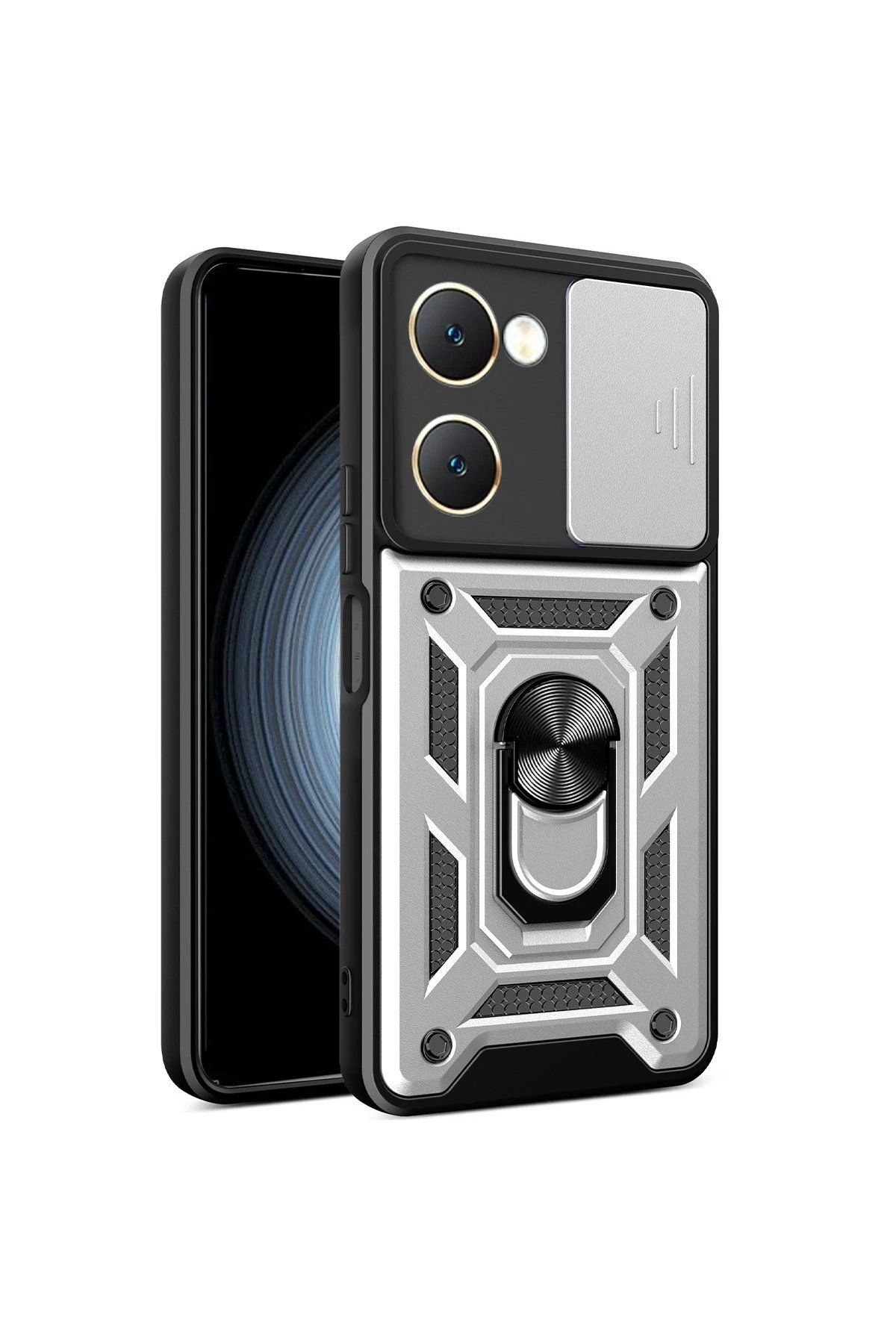 CepteToptan Newface Vivo Y18 Kılıf Pars Lens Yüzüklü Silikon - Gümüş