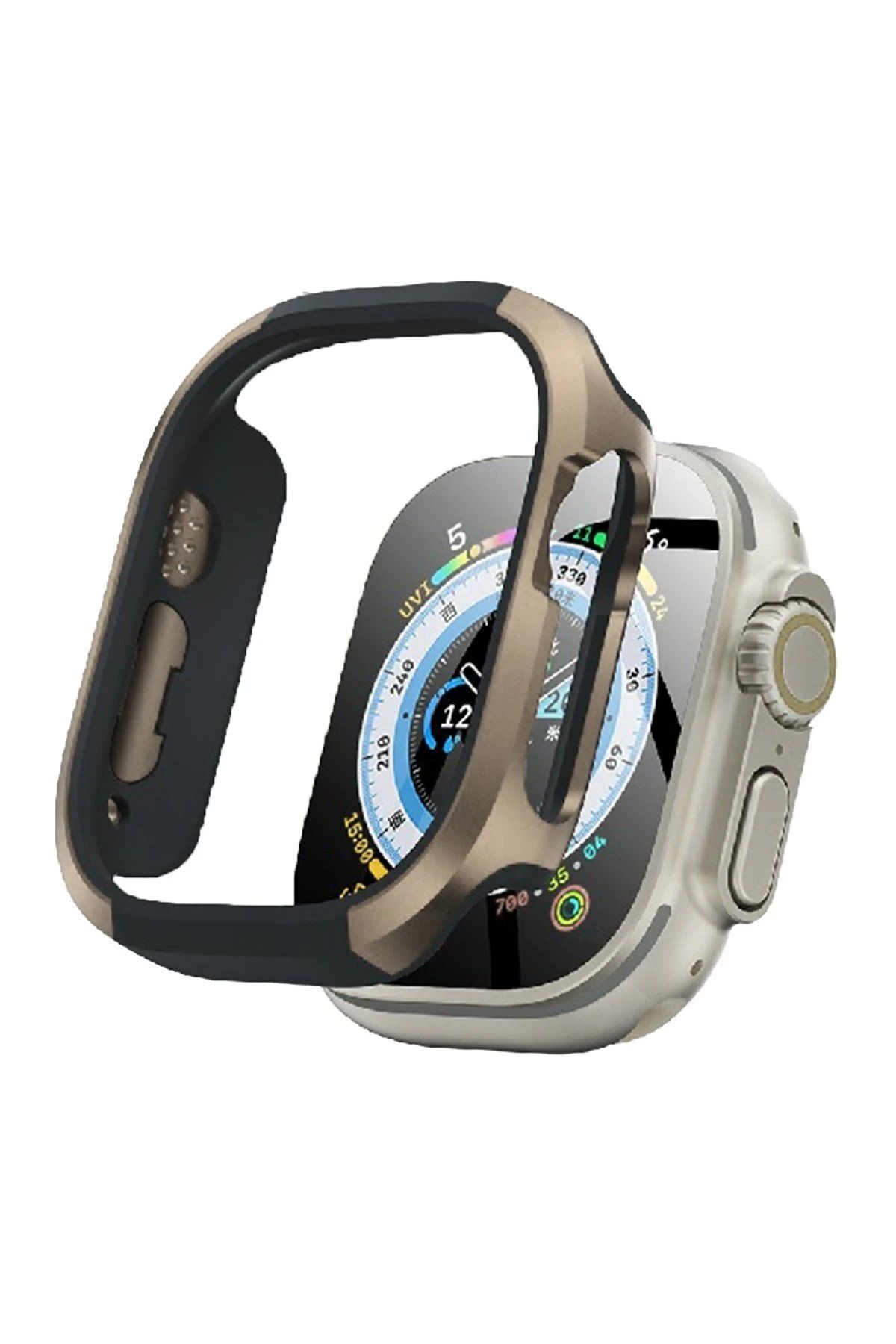 CepteToptan Movenchy Apple Watch Ultra 49mm MO-WT3 Alüminyum Camlı Kasa Ekran Koruyucu - Gold