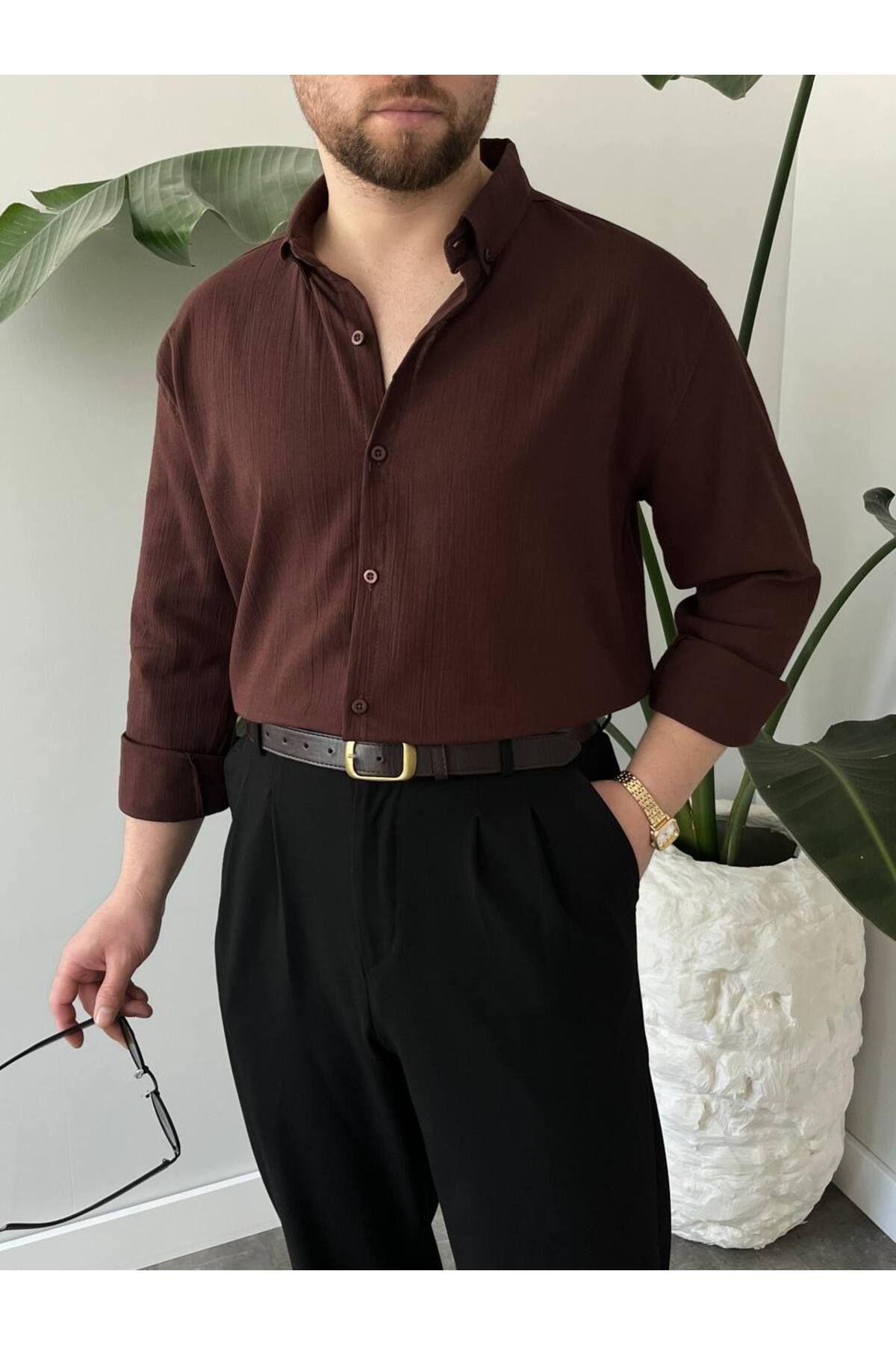 KHAYN ERKEK OVERSİZE RAHAT KESİM %100 PAMUK KETEN DOKULU GÖMLEK K3005KG