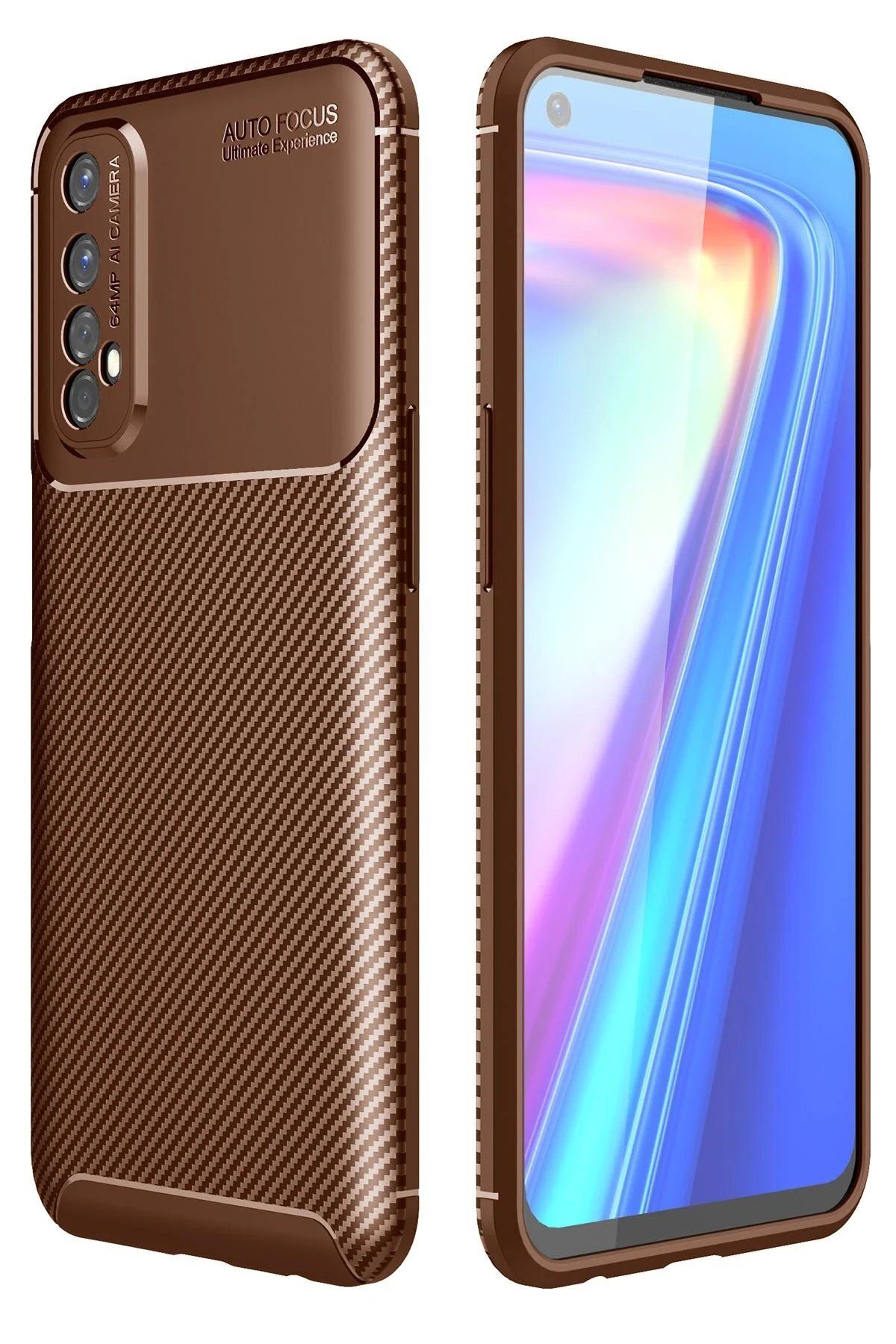 CepteToptan Newface Realme 7 Kılıf Auto Focus Karbon Kapak - Kahverengi