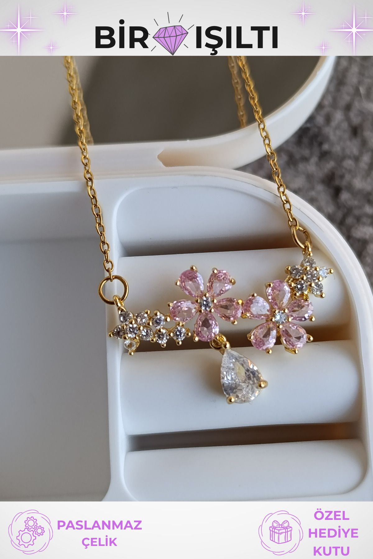 Birmem Kadın Pembe Taşlı Sallantılı Sakura Çiçeği Bahar Dalı Paslanmaz Çelik Kolye