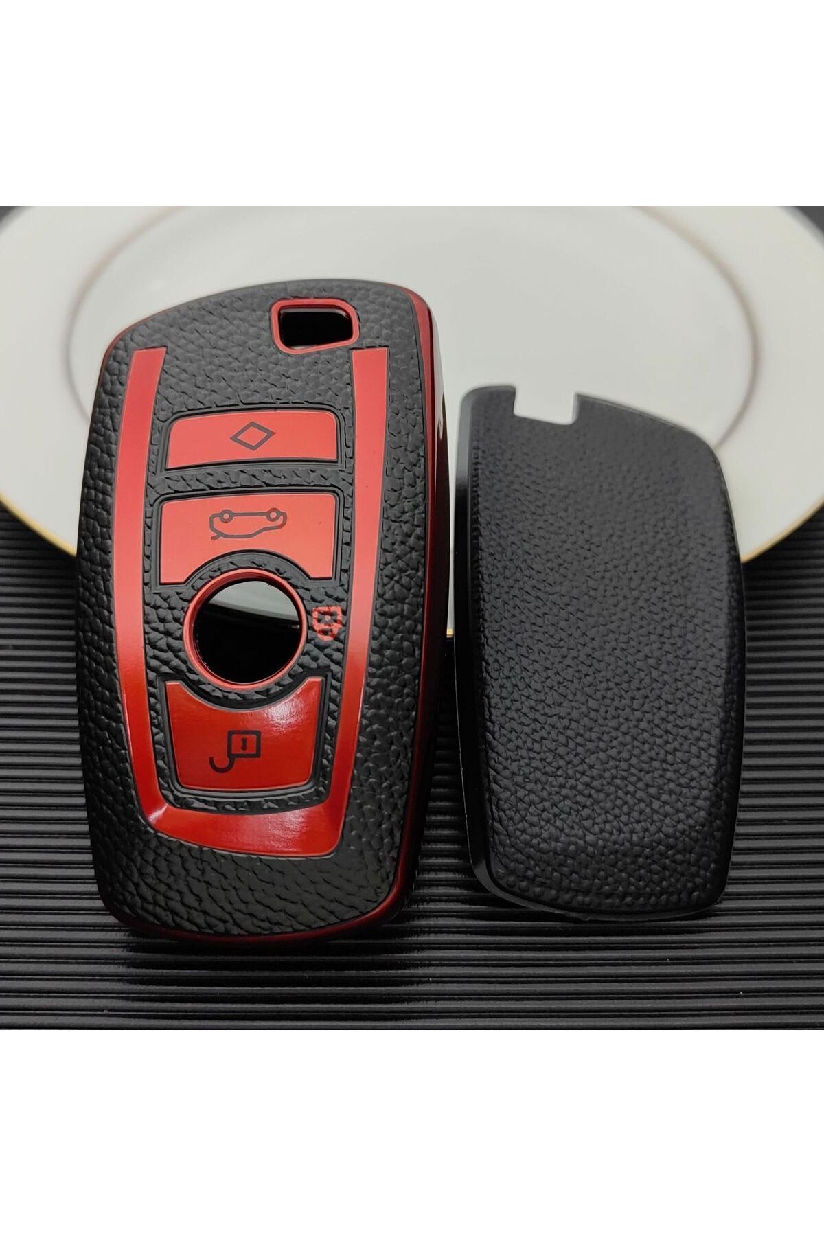 Alazpay BMW 1 3 5 7 Serisi F30 F25 F20 F18 F16 F15 F10 & X1 X3 X4 X5 Deri Görünüm TPU Anahtar Kılıfı (Krmzı)