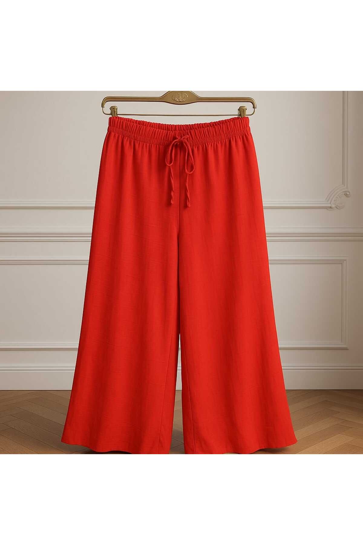 MU PRATOR kadın beli lastikli bol paça saten pantolon