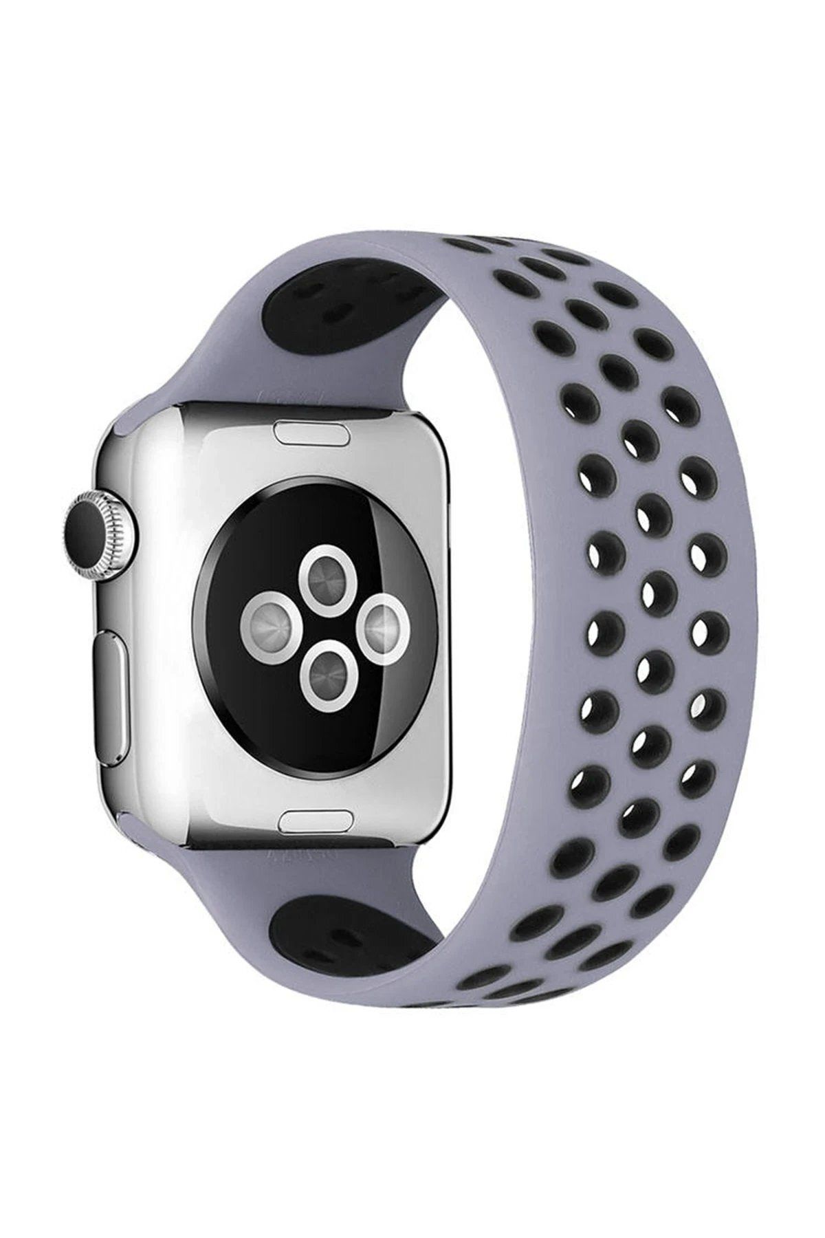 CepteToptan Newface Apple Watch 42mm Ayarlı Delikli Silikon Kordon - Gri-Siyah