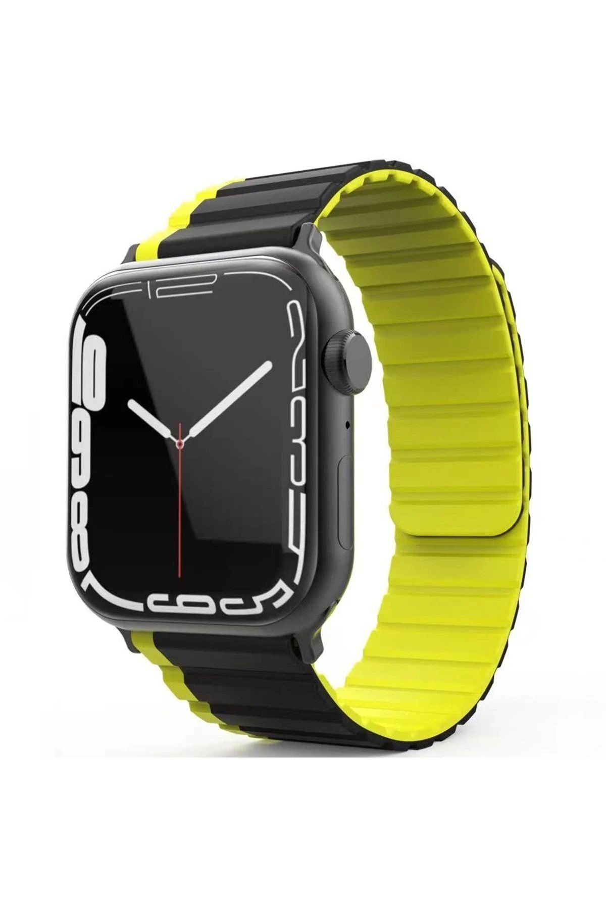 CepteToptan Movenchy Apple Watch 42mm MO-WB1 Çift Renk Mıknatıslı Silikon Kordon - Siyah-Sarı