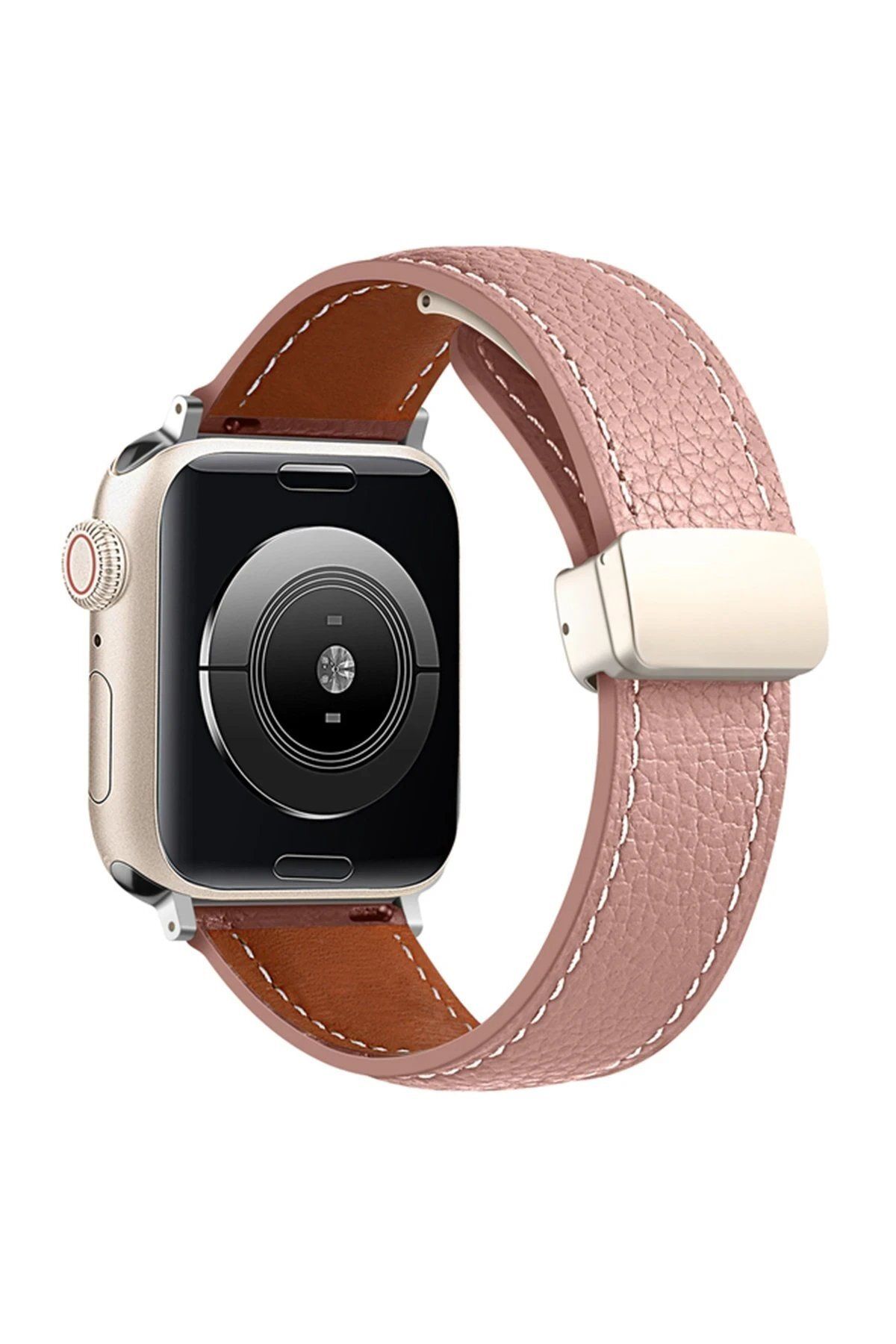 CepteToptan Apple Watch Uyumlu 42mm KR414 Daks Deri Kordon - Pembe