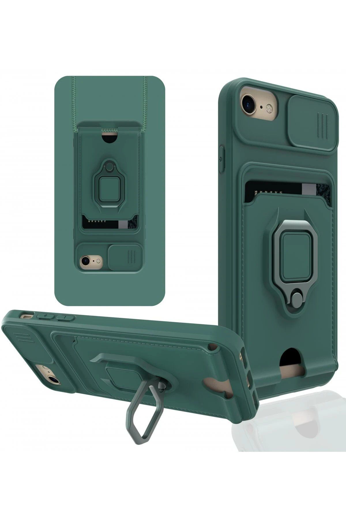 CepteToptan Newface iPhone 7 Kılıf Zuma Kartvizitli Yüzüklü Silikon - Yeşil