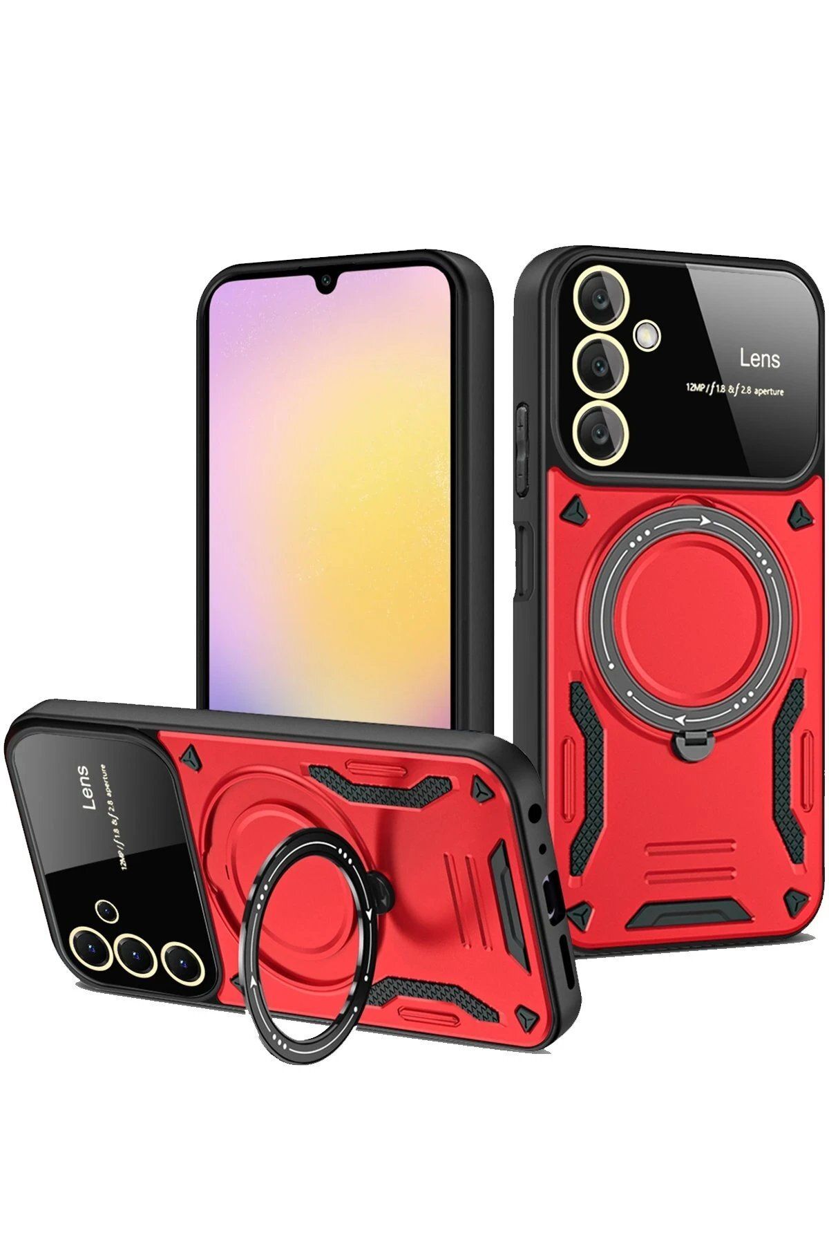 CepteToptan Newface Samsung Galaxy S25 Plus Kılıf Joy Lens Standlı Kapak - Kırmızı
