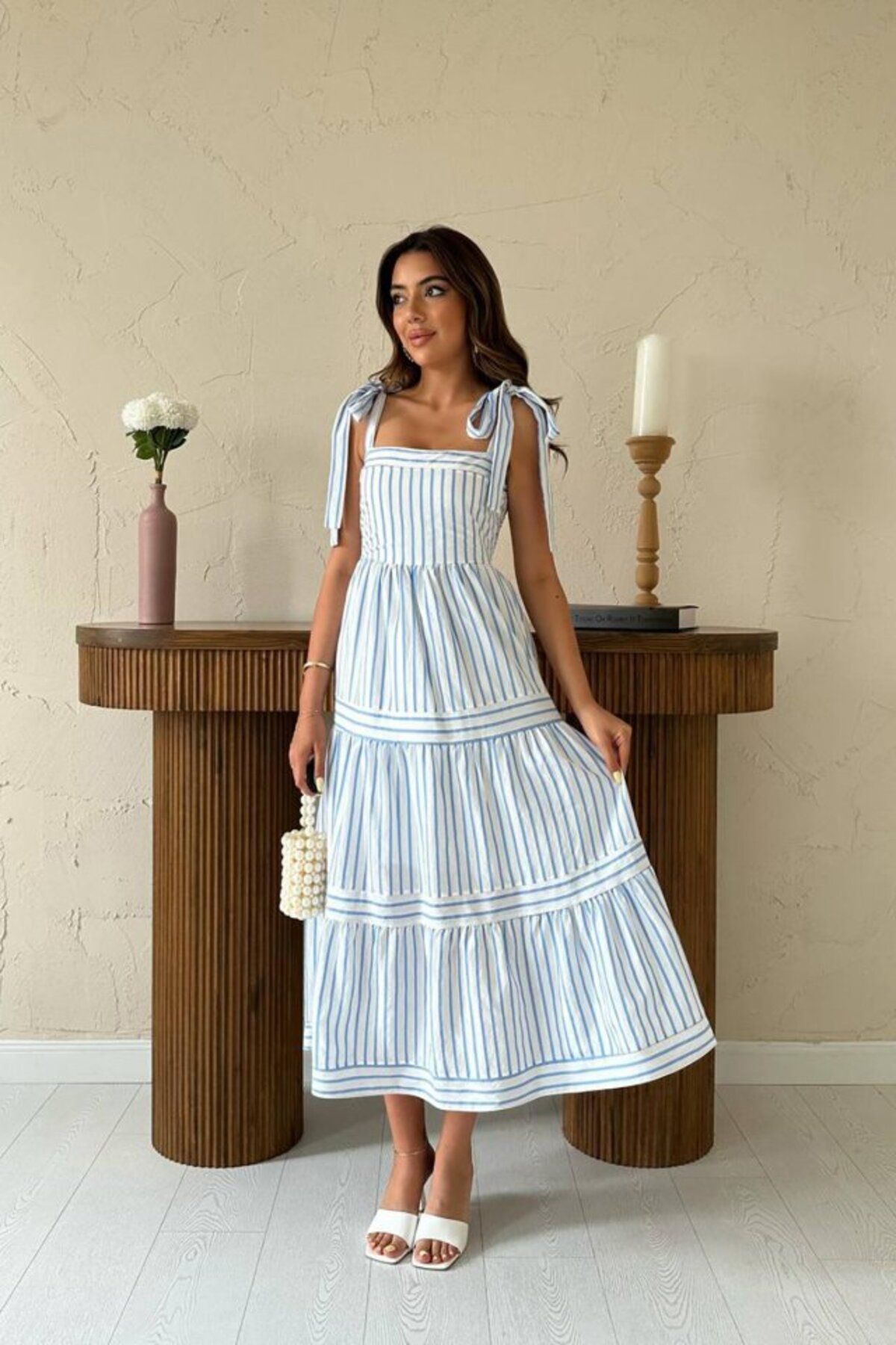 velmorafashion Mavi Omuzdan Bağlamalı Çizgili Elbise