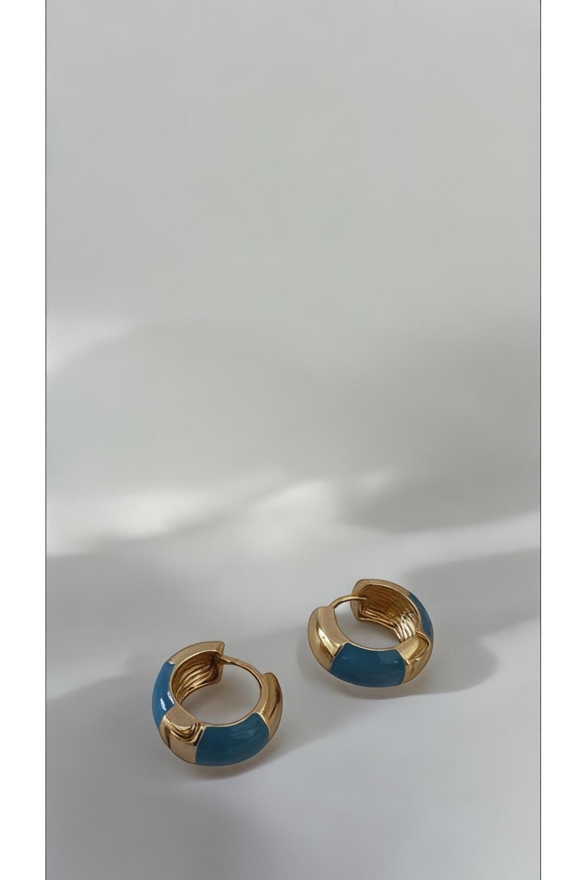 NORD COLLECTION Mavi Gold Şeritli Halka Çelik Küpe