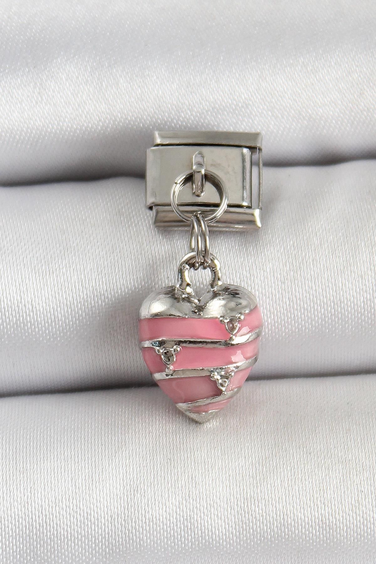 prativas 316L Çelik Gümüş Renk Pembe Kalp Model Nomination Charm