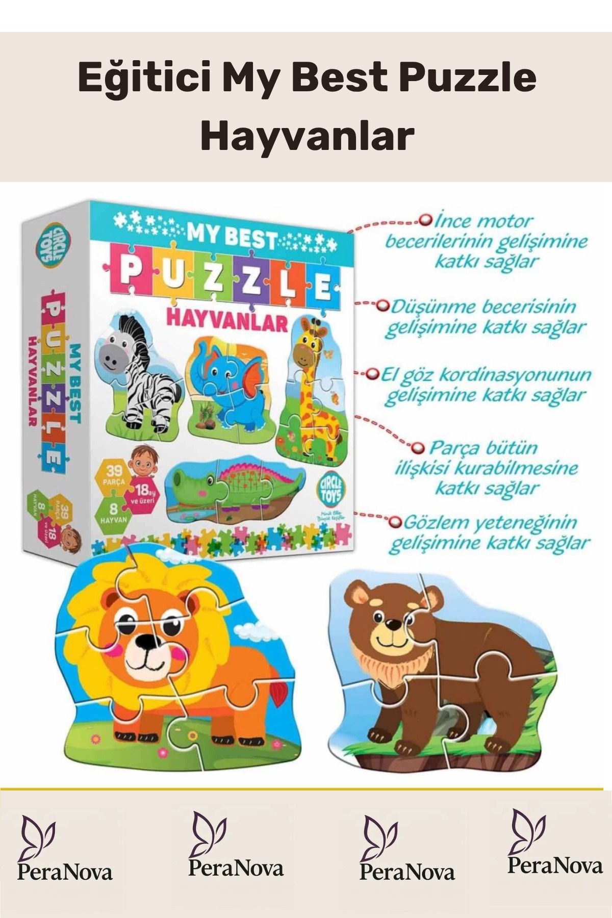 PeraNova Özel Seri Zeka Geliştirici Eğitici Çocuk El Göz Koordinasyonu My Best Puzzle Hayvanlar