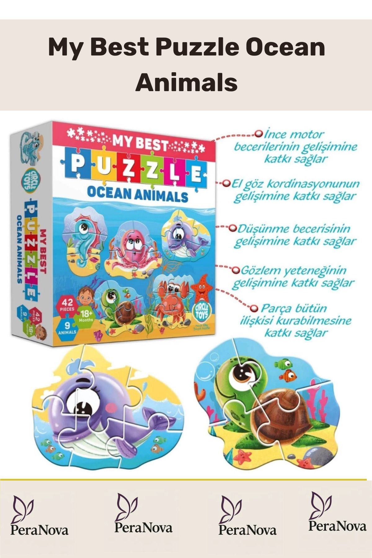 PeraNova Özel Seri Zeka Geliştirici Eğitici Çocuk El Göz Koordinasyonu My Best Puzzle Okyanus Hayvanları