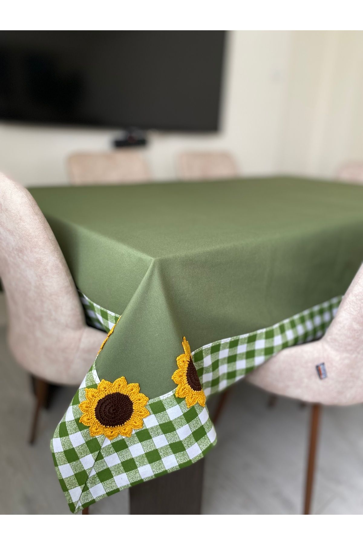 Parla Life Haki Yeşil Keten Örgü Detaylı Masa Örtüsü 160x160