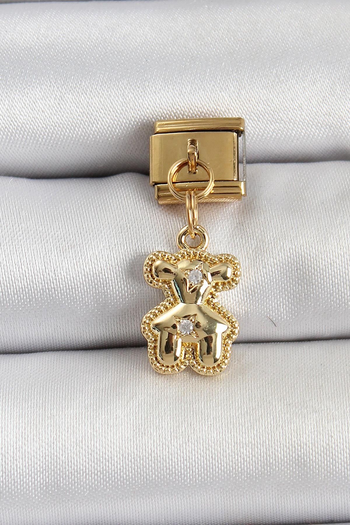 prativas 316L Çelik Sallantılı Zirkon Taşlı Ayıcık Model Gold Renk Nomination Charm