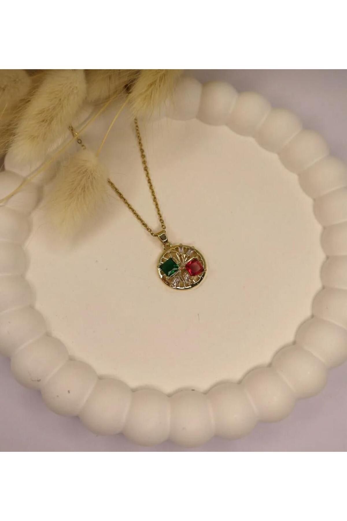 hy collection RENKLİ TAŞLI GOLD ÇELİK KOLYE