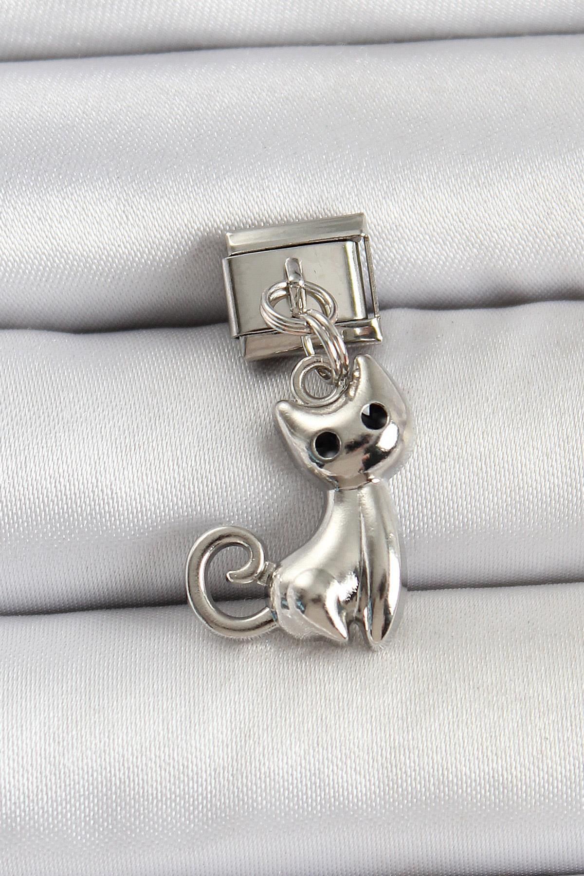 prativas 316L Çelik Renk Kedi Model Nomination Charm