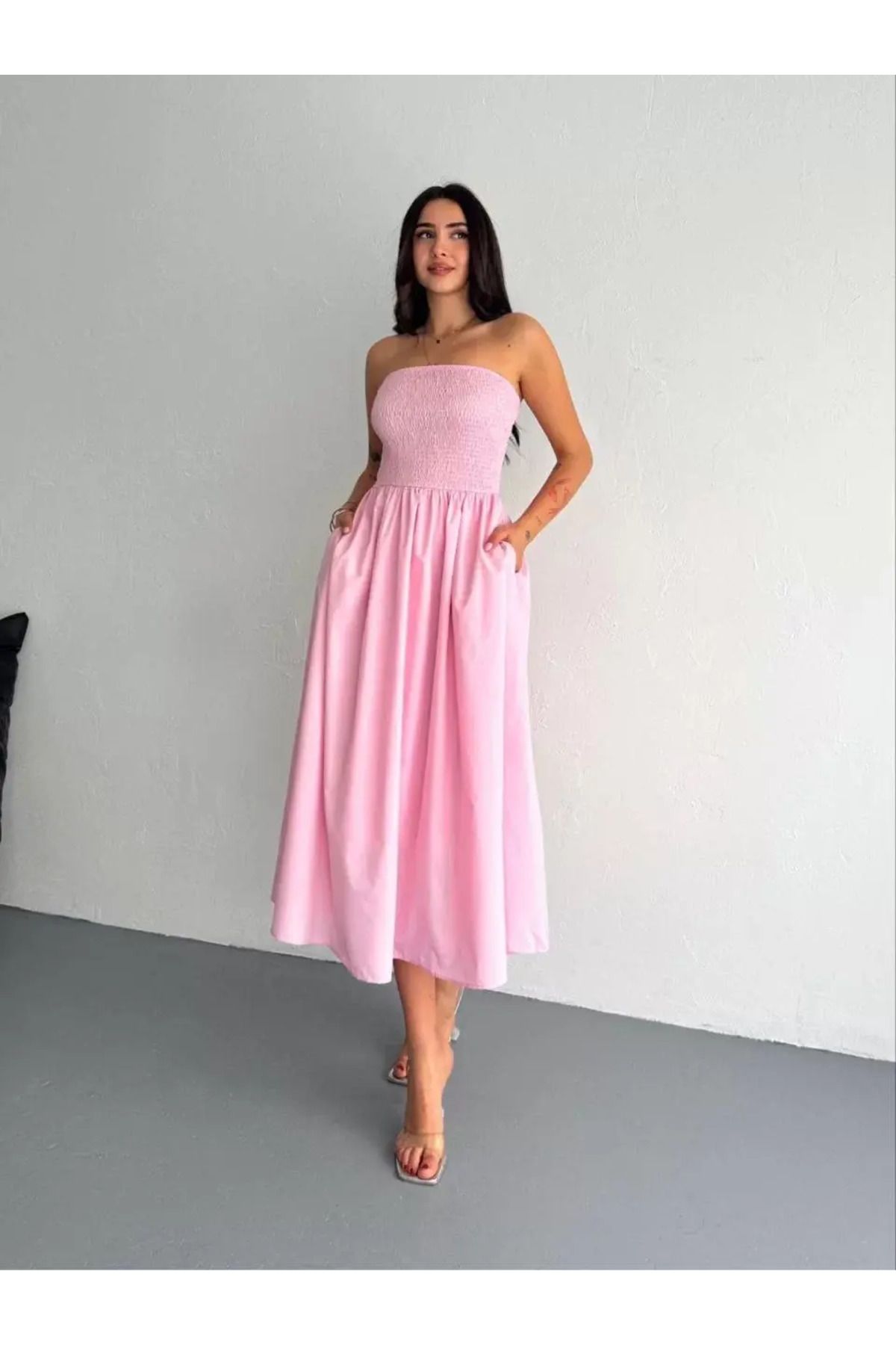 koflandy Straplez Pileli Elbise - Pembe