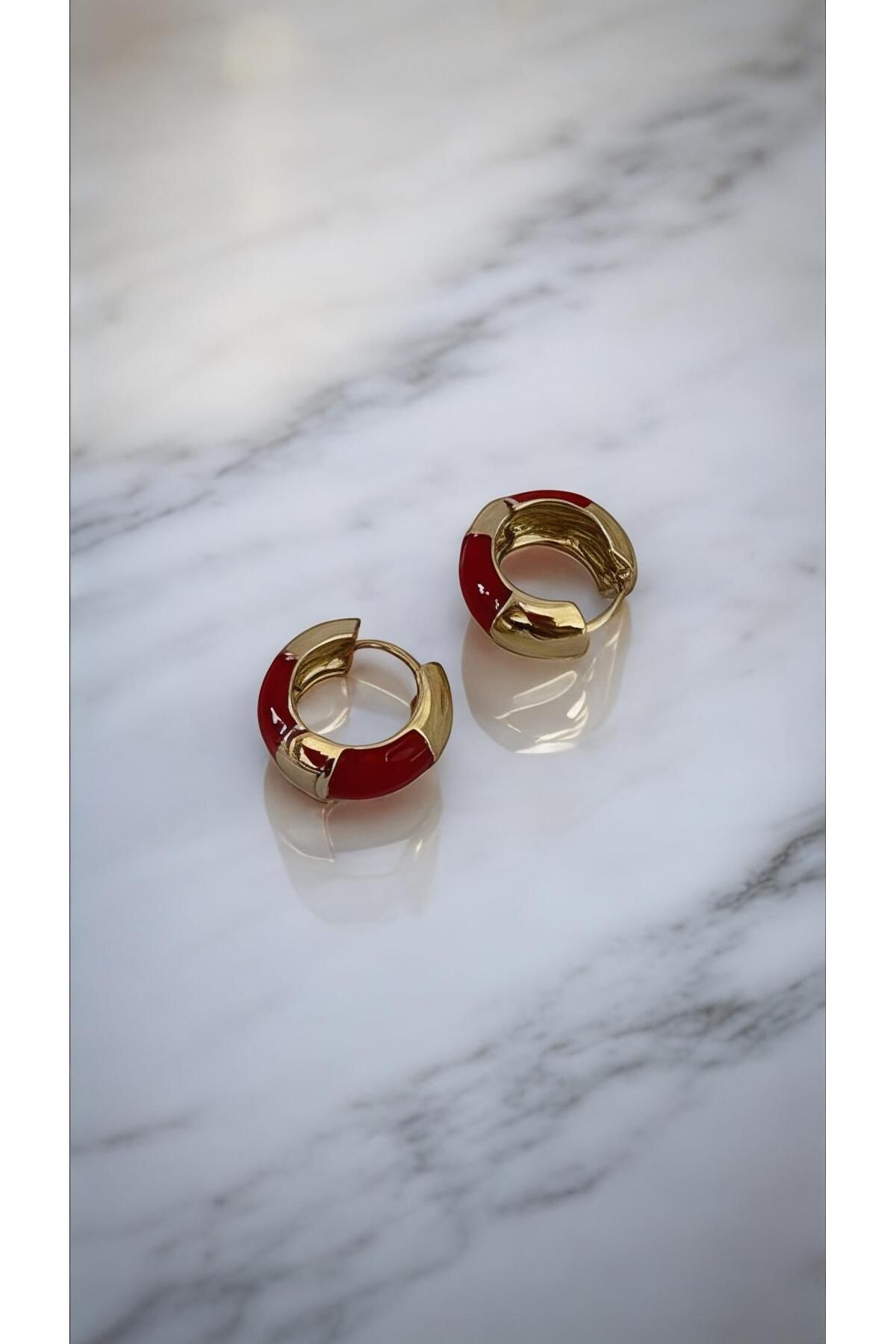 NORD COLLECTION Kırmızı Gold Şeritli Halka Çelik Küpe