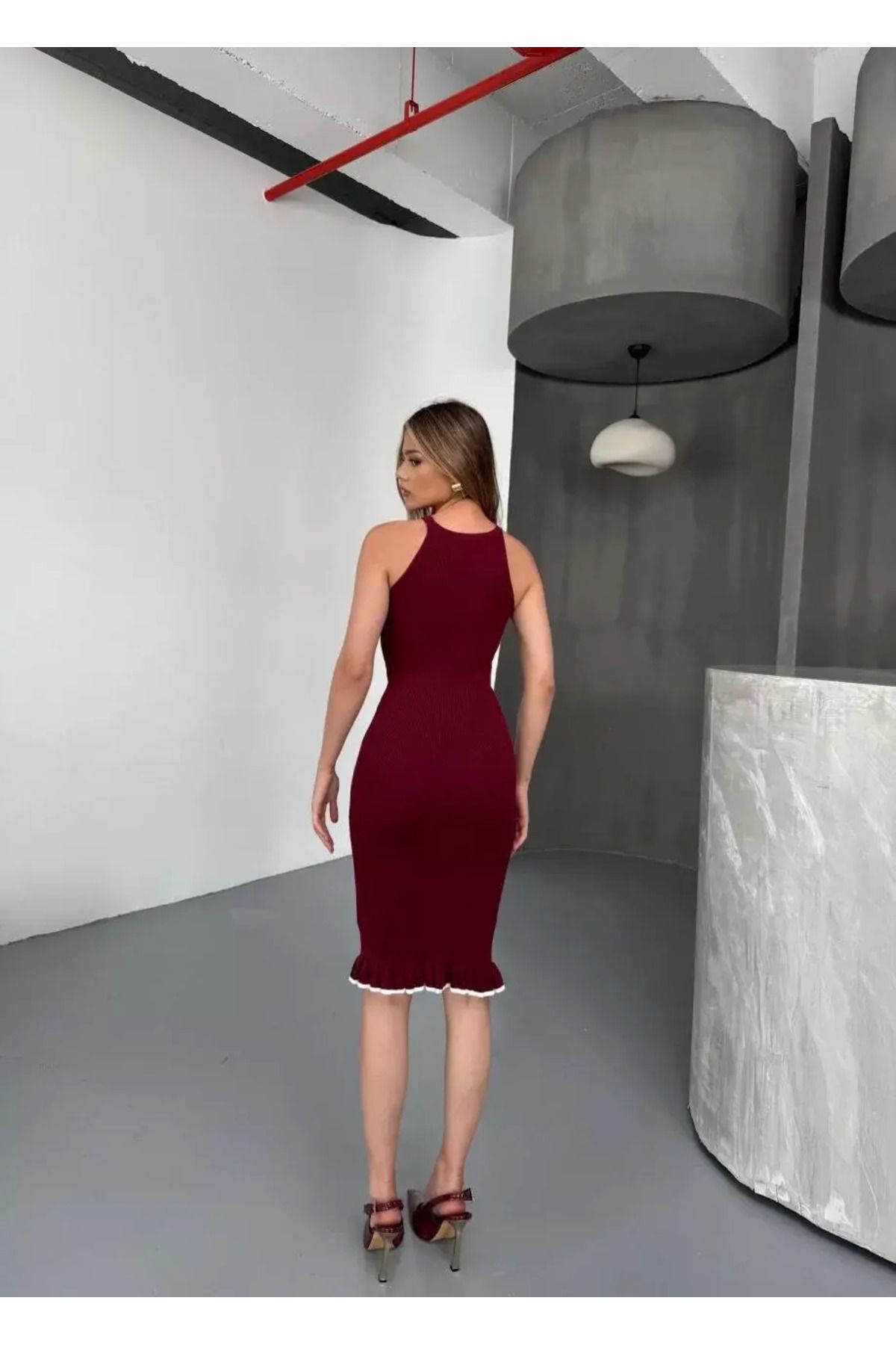 koflandy Fırfır Detaylı Triko Elbise- Bordo