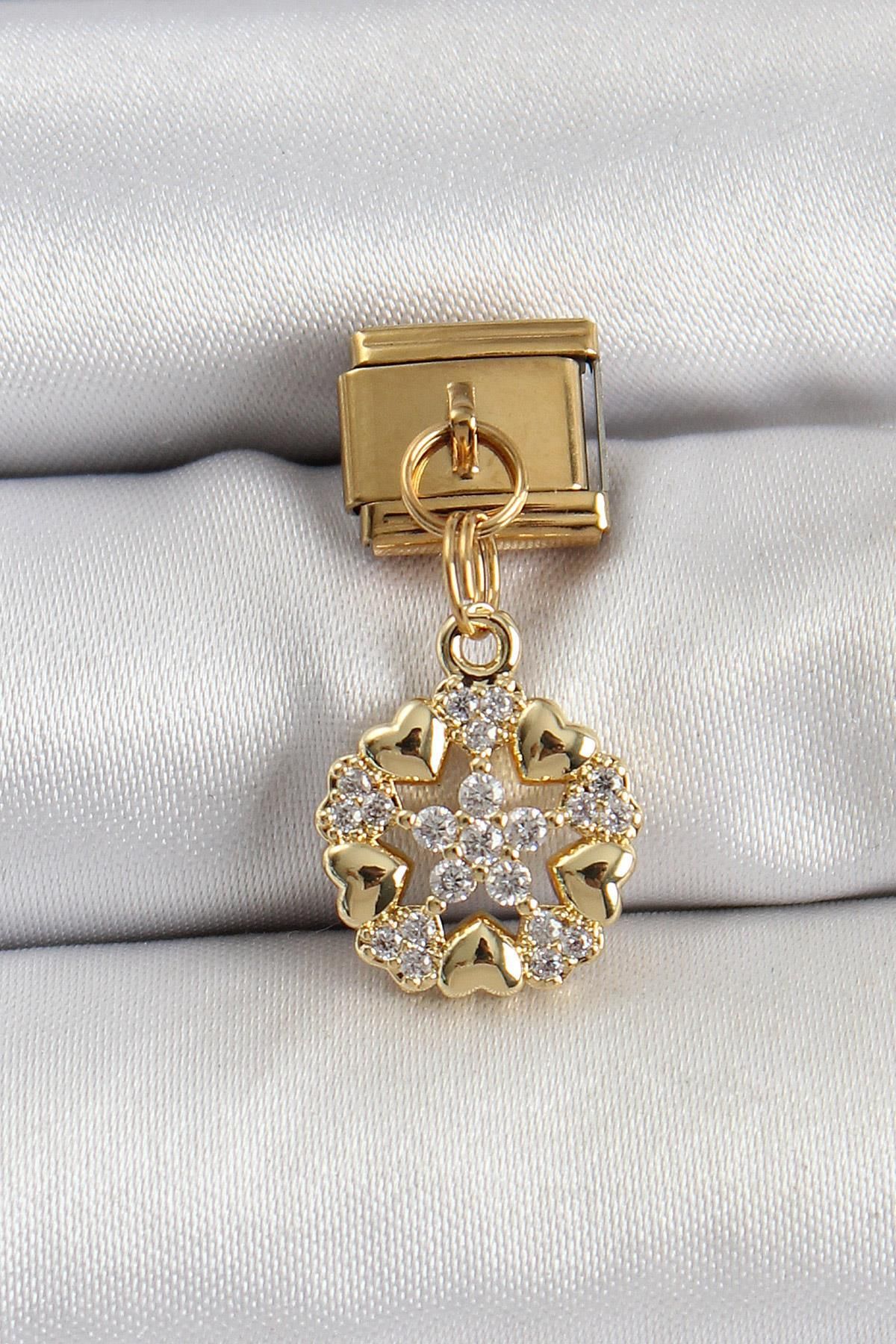 prativas 316L Çelik Sallantılı Zirkon Taşlı Kalp Detaylı Yıldz Model Gold Renk Nomination Charm