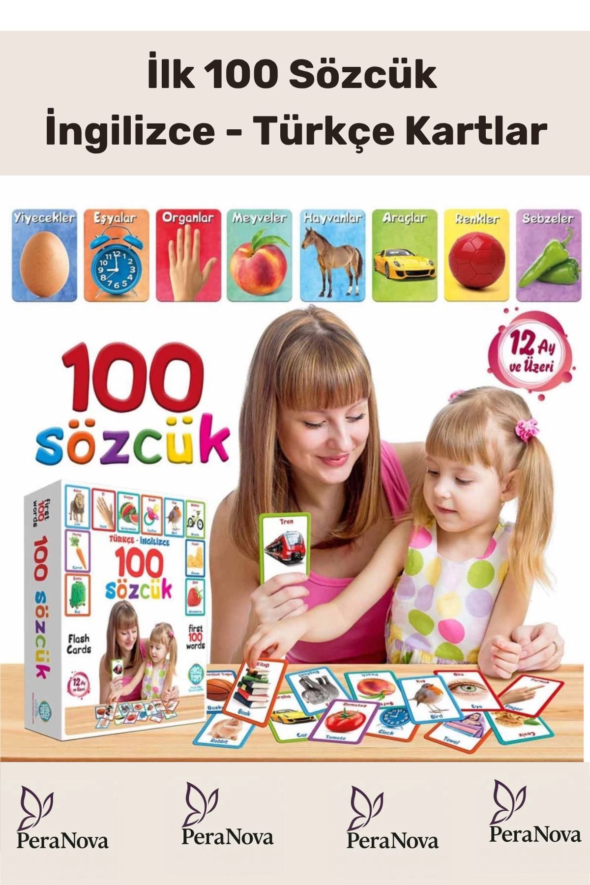 PeraNova Özel Seri Zeka Geliştirici Yabancı Dil Eğitici Çocuk İlk 100 Sözcük İngilizce Türkçe Kartlar