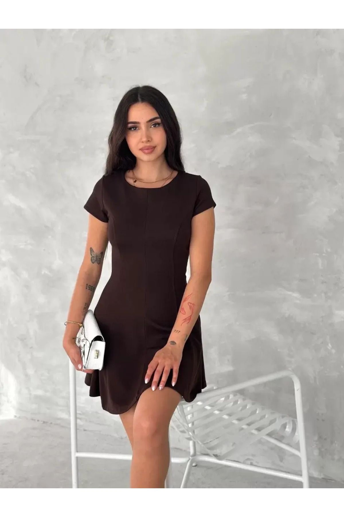 koflandy kısa kollu Mini Elbise - Kahverengi