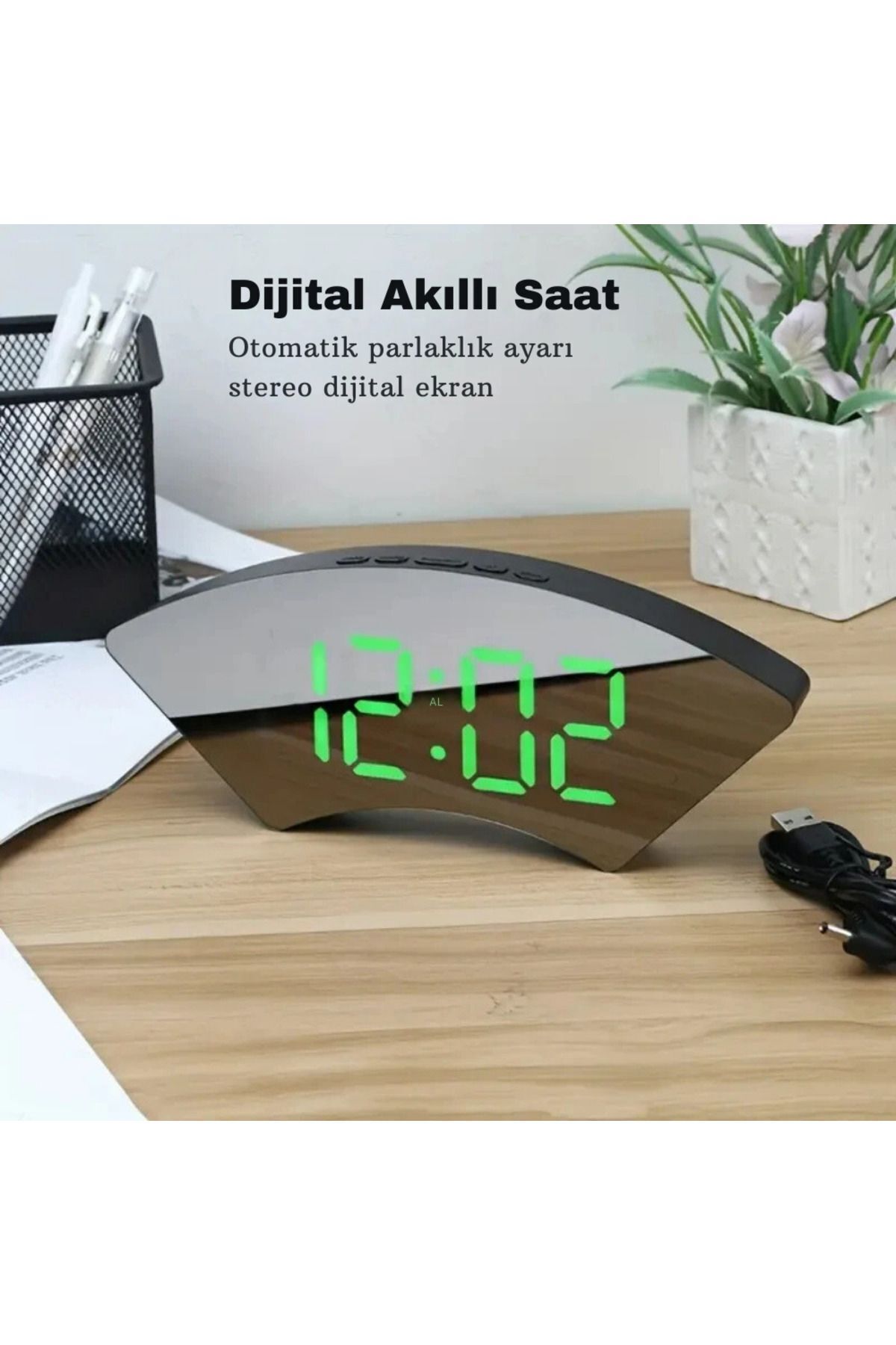 Saatistan Kavisli Dijital Masaüstü Saat, Sıcaklık, Tarih, LED Işık, USB, Aynalı, Alarmlı, Şık