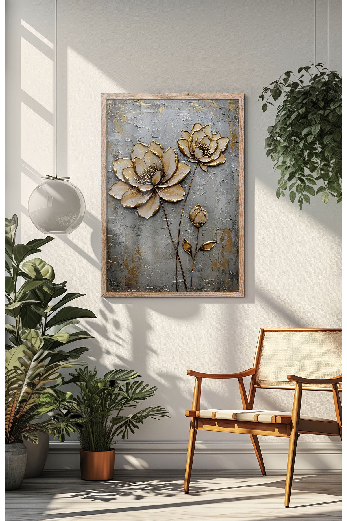 sames decoration Altın renkli kamelya çiçeği - Özel tasarım - Tekli tablo