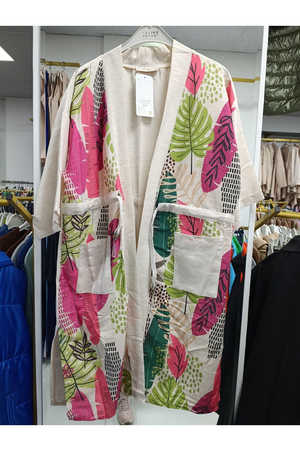 TOZLU Keten bel bağcıklı önü baskılı kimono