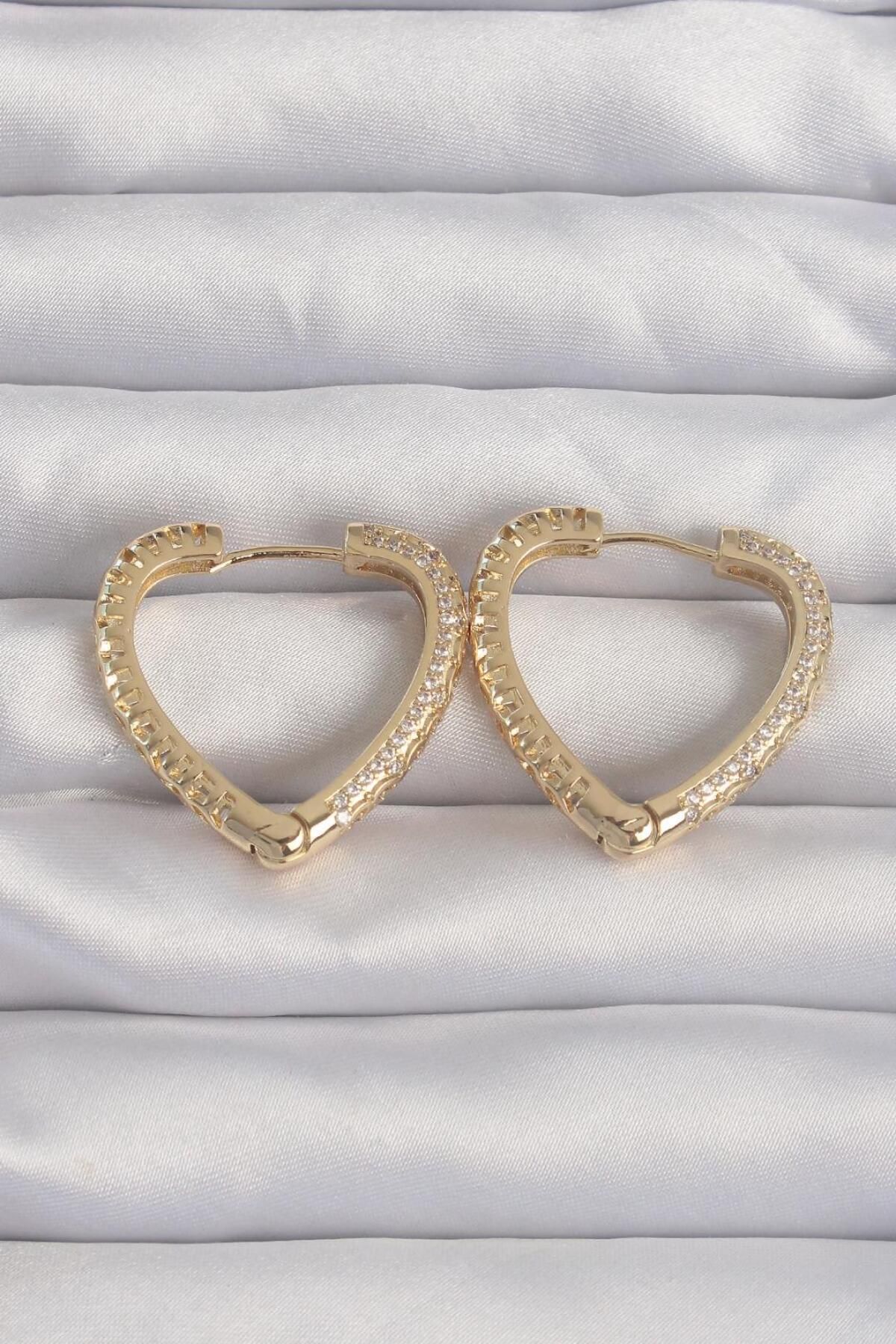 AfraBeauty 925 Ayar Paslanmaz Çelik Gold Zirkon Taşlı Motifli Kalp Küpe