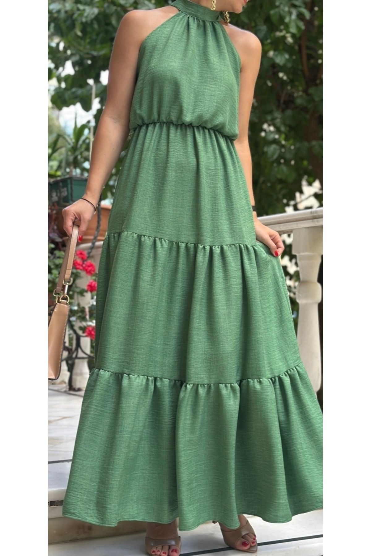 LaSorella Butik KADIN YEŞİL HALTER YAKA UZUN ELBİSE