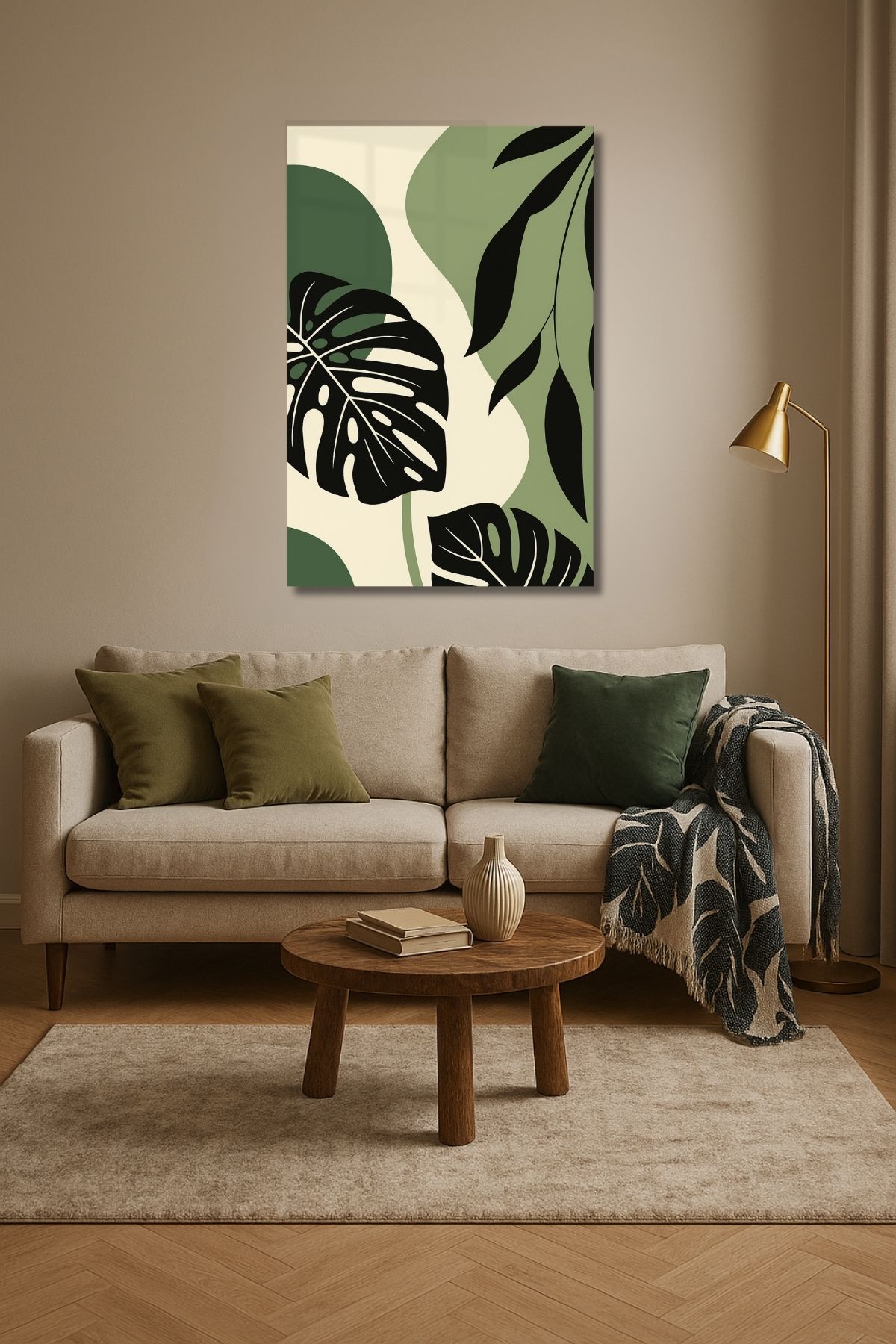 Cam Tablo Monstera Yaprak Desenli Cam Tablo - Modern Bitki Temalı Duvar Dekoru, Temperli Cam