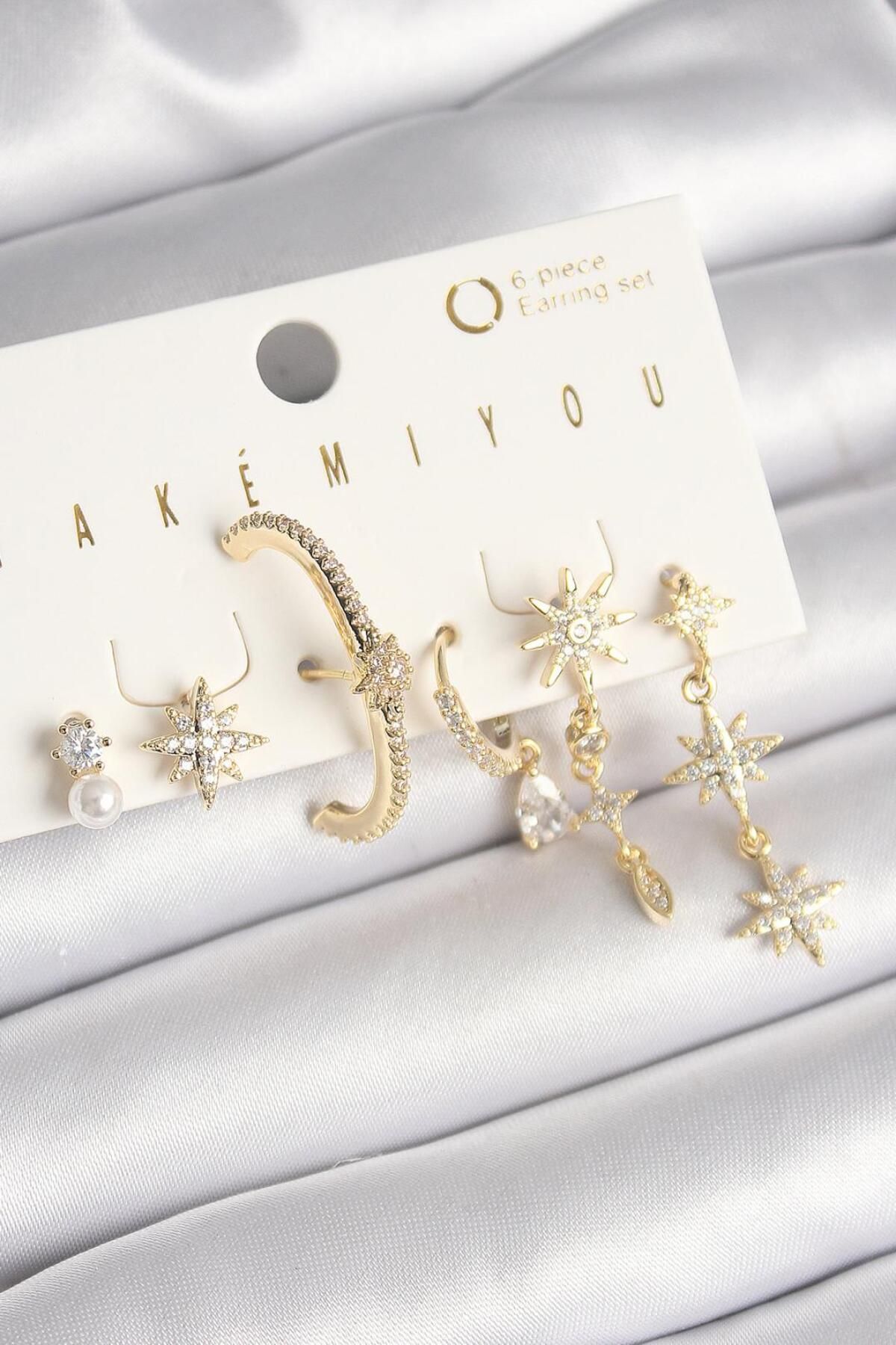 AfraBeauty 925 Ayar Paslanmaz Çelik Gold Zirkon Taşlı Sallantı Kutup Yıldızı Model VIP Seri Kadın Küpe Seti