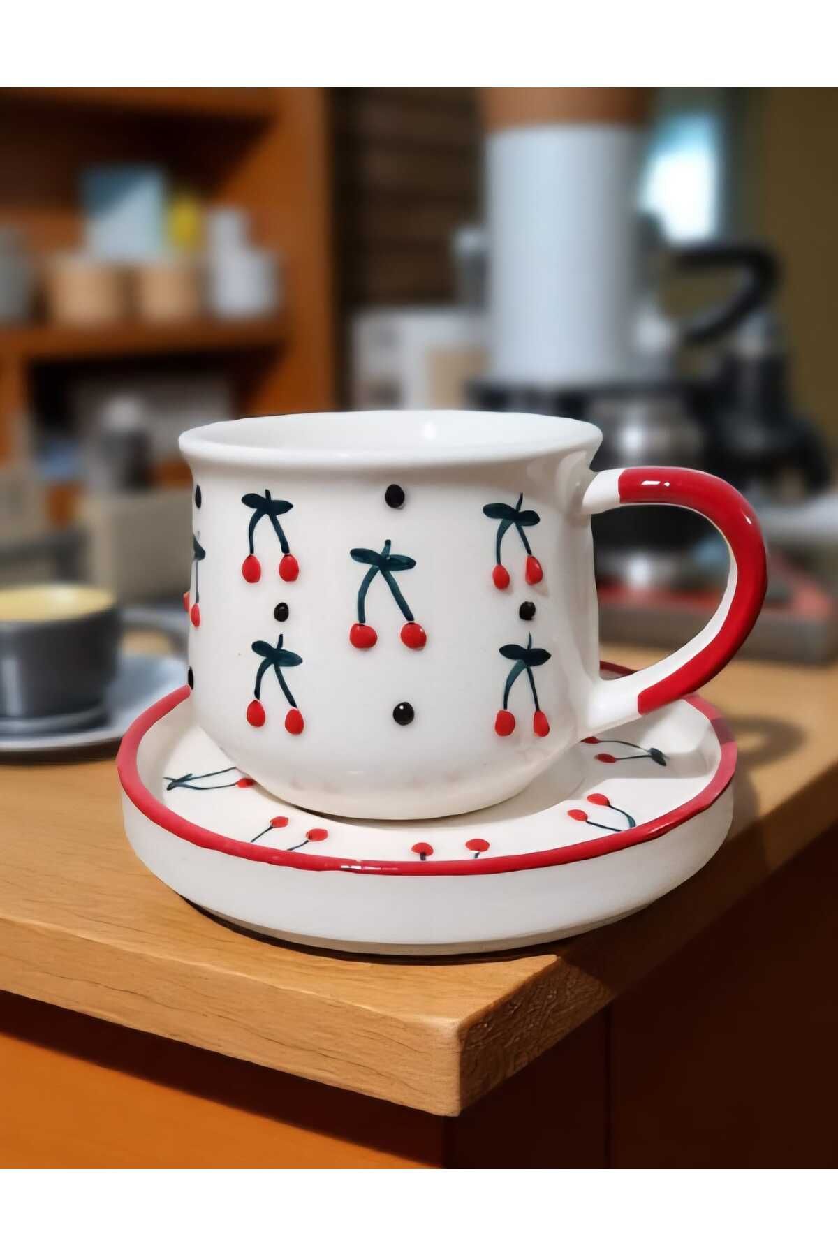AyBİEN Cherry Chic,Mini Kiraz Desenli Seramik Kupa ve Tabak Takımı,Vintage cherry