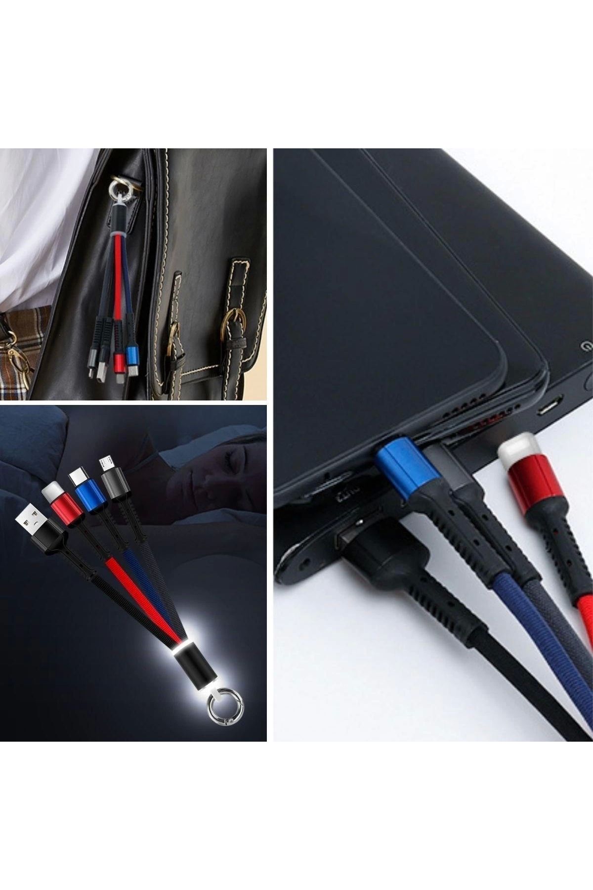 Go İthalat Işıklı Anahtarlık Model 3 in 1 USB Çıkışlı MİKRO,TYPE-C ve İphone Uyumlu Şarj Kablosu (4940)