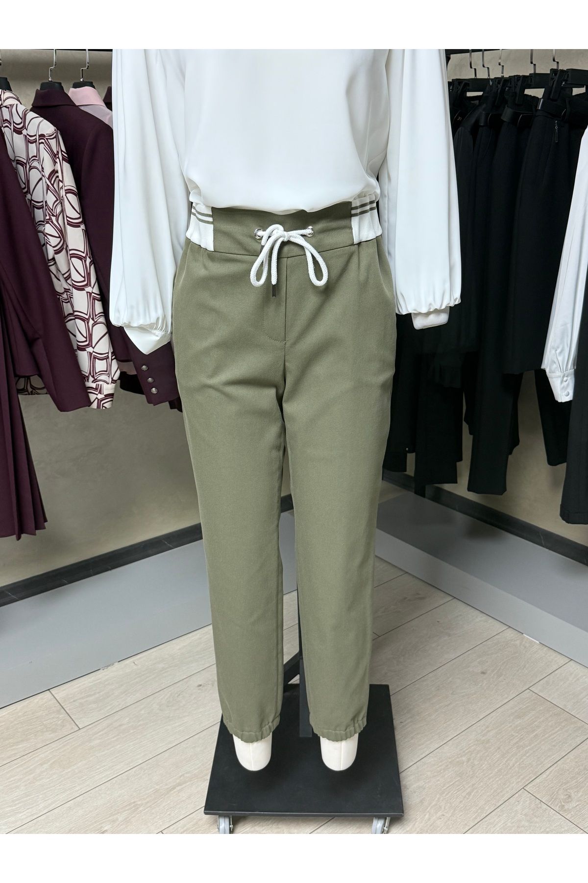 Merkür Bağcıklı Lastikli Paça Haki Renk Jogger Pantolon