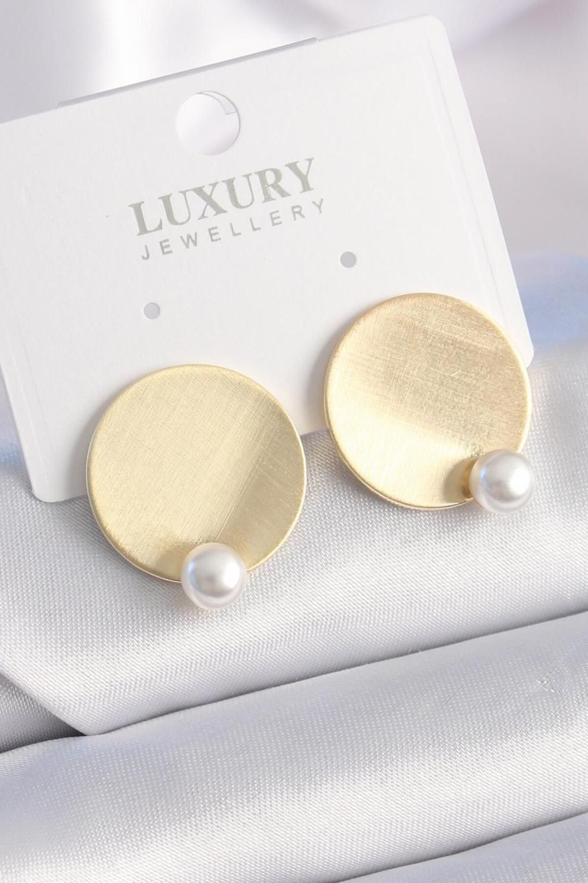 AfraBeauty 925 Ayar Paslanmaz Çelik Gold Daire Plaka Model İnci Detay Kadın Küpe