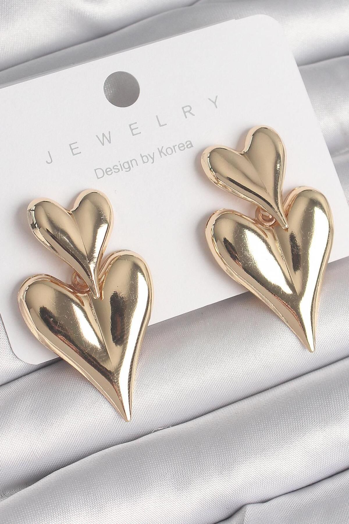 AfraBeauty 925 Ayar Paslanmaz Çelik Gold Sallantı Kalp Model Kadın Küpe