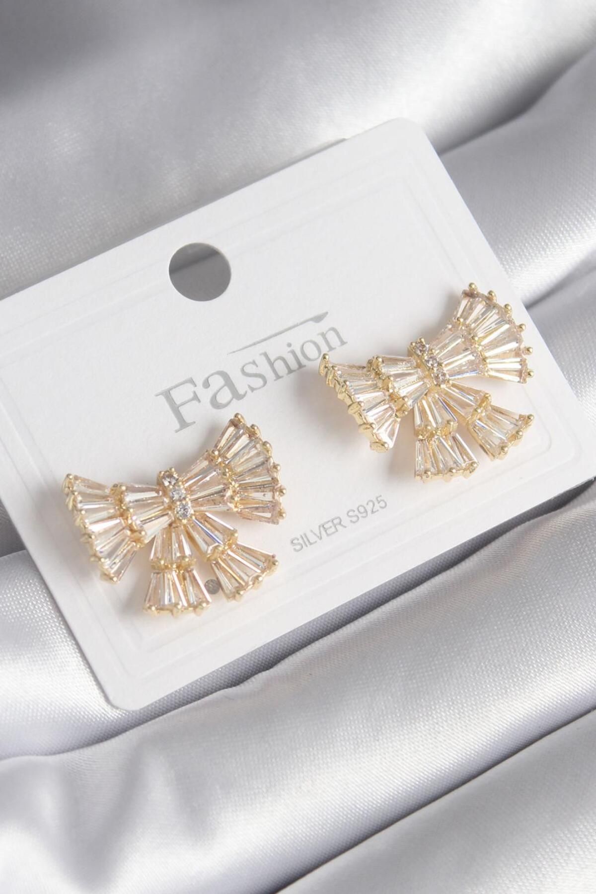 AfraBeauty 925 Ayar Paslanmaz Çelik Gold Zirkon Taşlı Kurdele Model Kadın Küpe