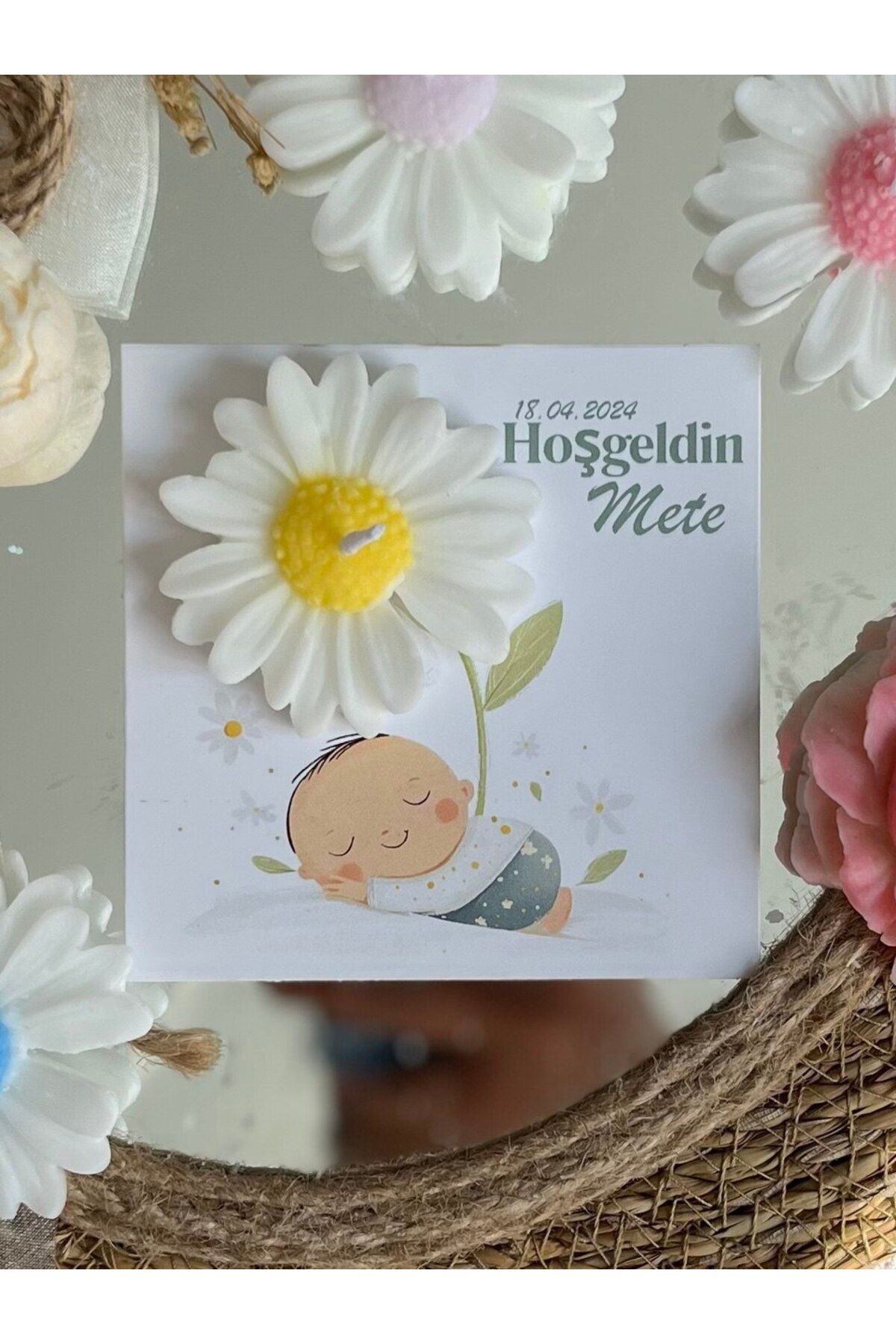 GUGES 10 Adet Özel Tasarlanmış Kart Ve Papatya Mum. Bebek Doğum, Babyshower, Doğum Günü, Hediyelik