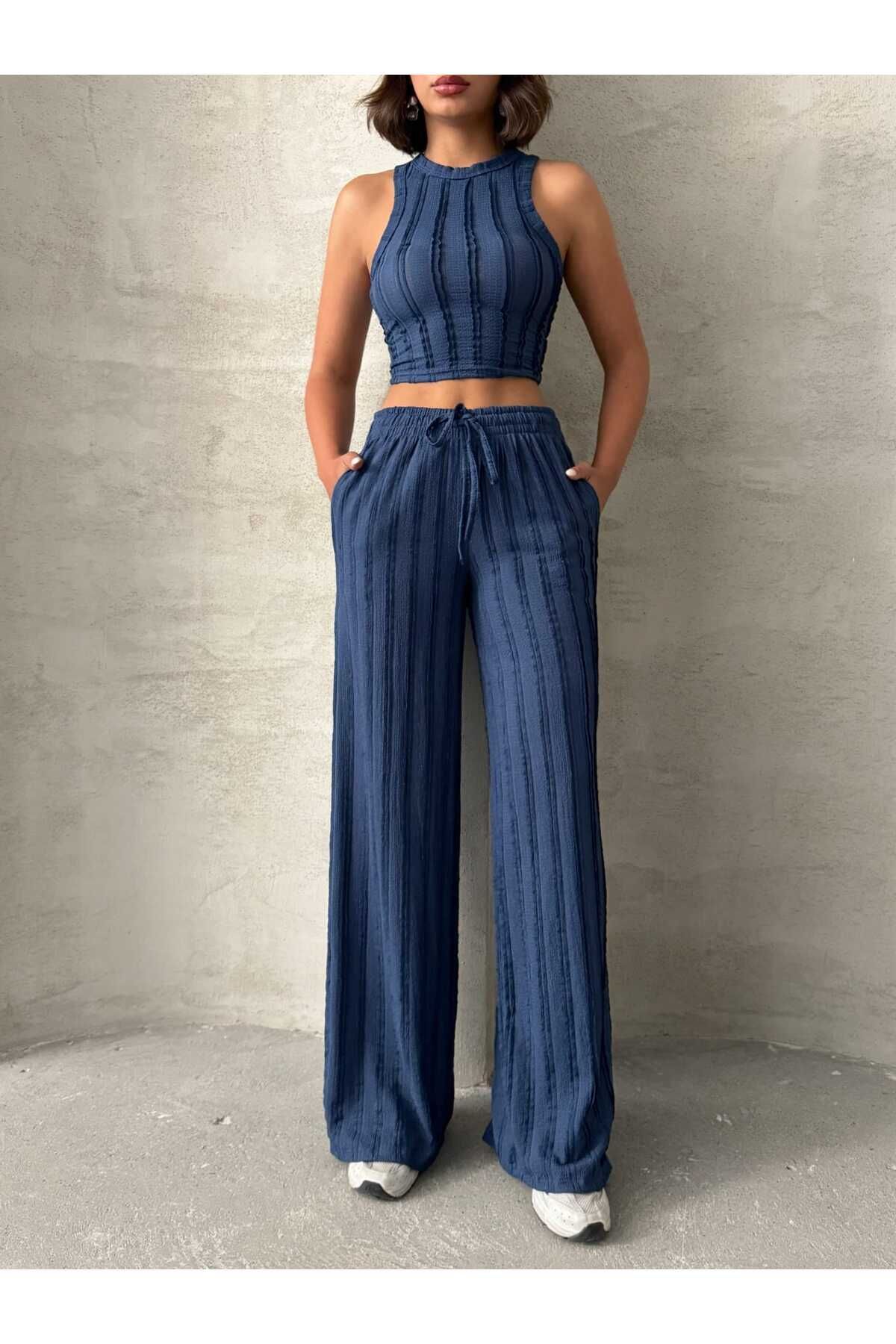 Brood Kadın Dokulu Triko Görünümlü Bisiklet Yaka Bluz-Baggy Pantolon Takım