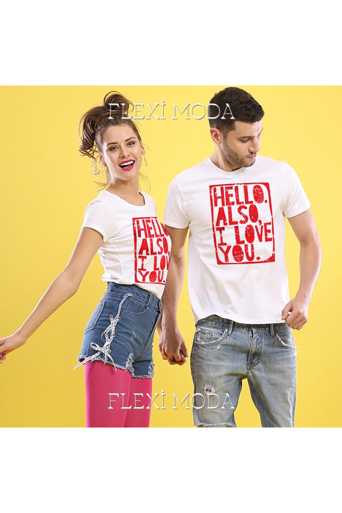 Hunors Sportswear & Company Hello Also I Love You Yazılı Sevgili Çift Kombini Oversize 2'li Tişört
