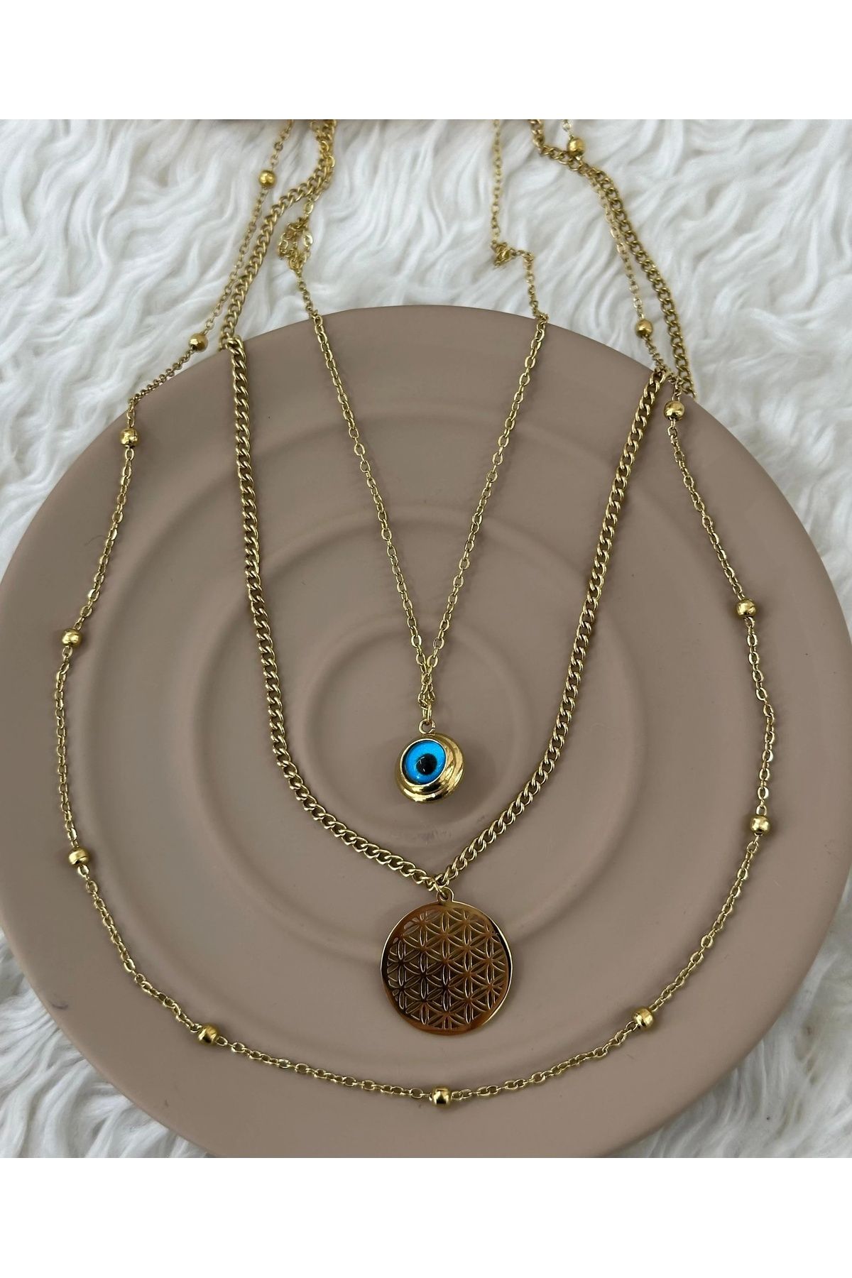 DA Accessories Üçlü Çelik Kolye Nazar Boncuğu Yaşam Ağacı Zincir