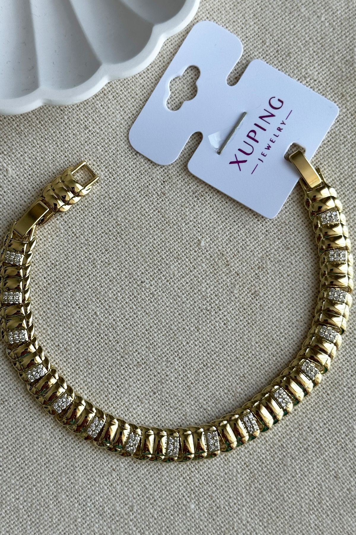 Modacaprea Xuping 14K Verti Zincir Taşlı Kadın Bileklik – 17+2 cm | Altın Renk Kararmaz Xuping Takı