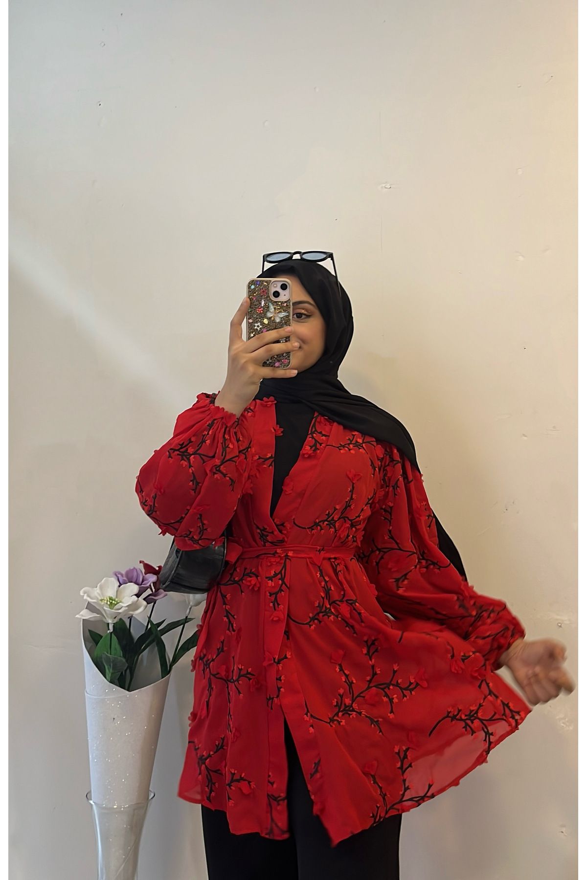 DİLEKBUTİK-Red Chiffon Kimono 4
